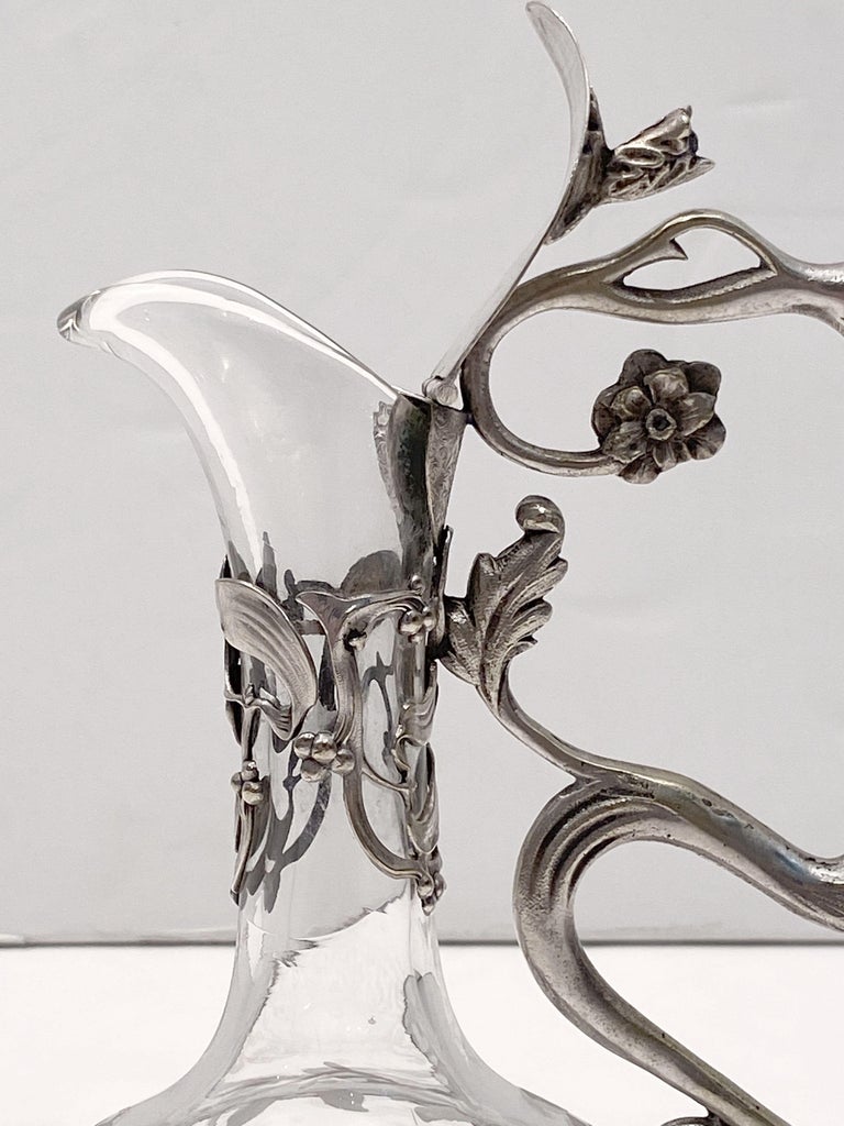 Art Nouveau Wine or Spirits Decanter of Etched Glass with Mistletoe