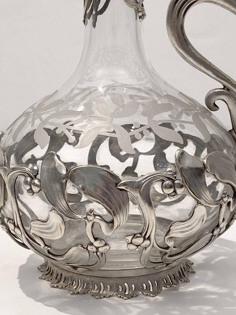 Art Nouveau Wine or Spirits Decanter of Etched Glass with Mistletoe