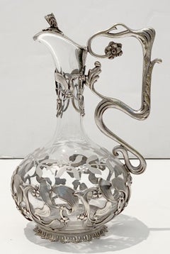 Art Nouveau Wine or Spirits Decanter of Etched Glass with Mistletoe Design