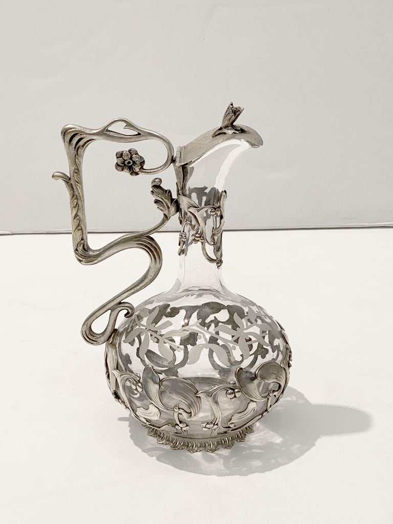 Art Nouveau Wine or Spirits Decanter of Etched Glass with Mistletoe