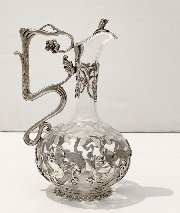 Art Nouveau Wine or Spirits Decanter of Etched Glass with Mistletoe