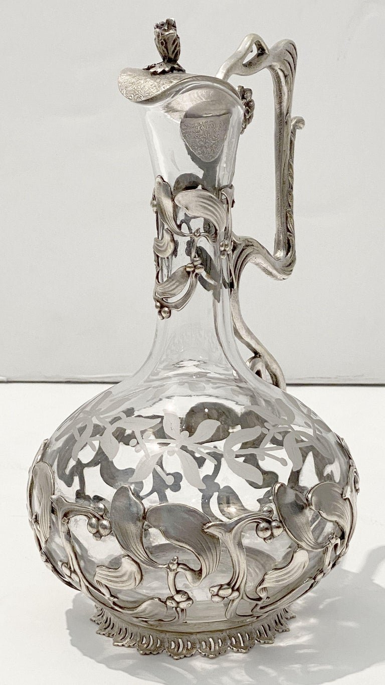 Art Nouveau Wine or Spirits Decanter of Etched Glass with Mistletoe