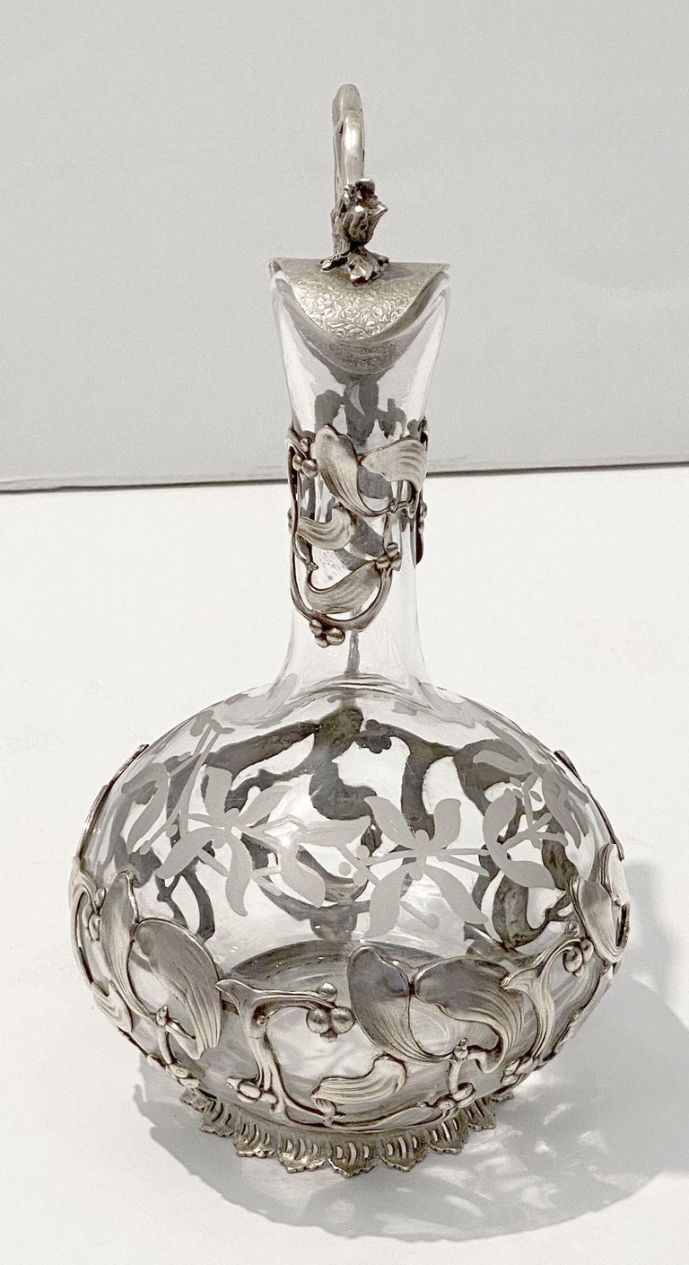 Art Nouveau Wine or Spirits Decanter of Etched Glass with Mistletoe