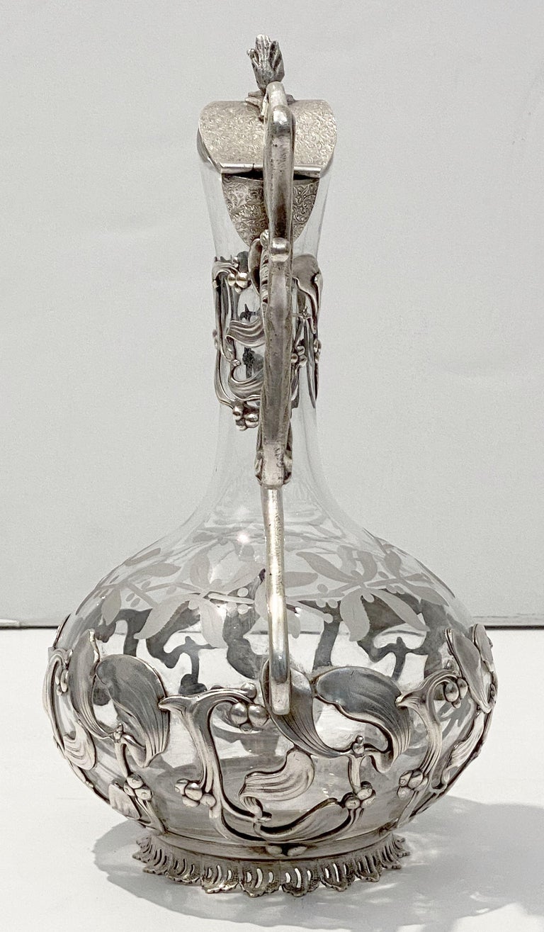 Art Nouveau Wine or Spirits Decanter of Etched Glass with Mistletoe