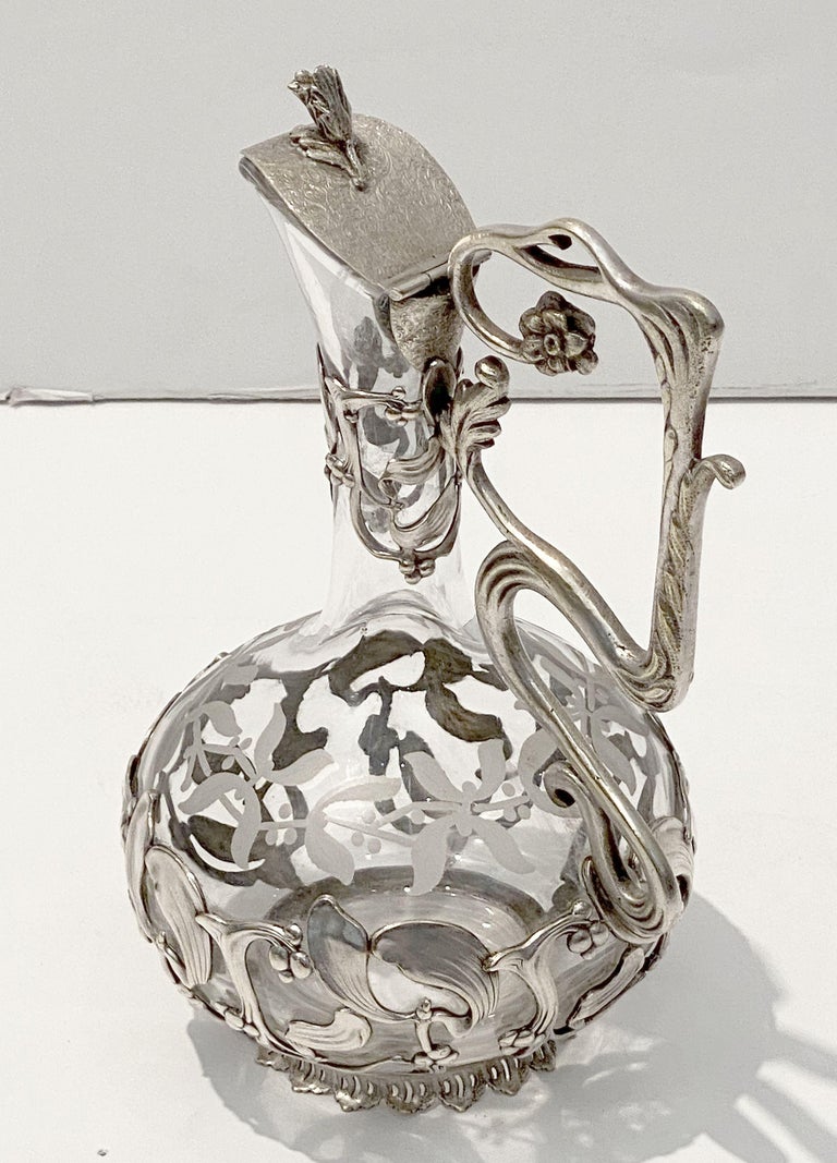 Art Nouveau Wine or Spirits Decanter of Etched Glass with Mistletoe