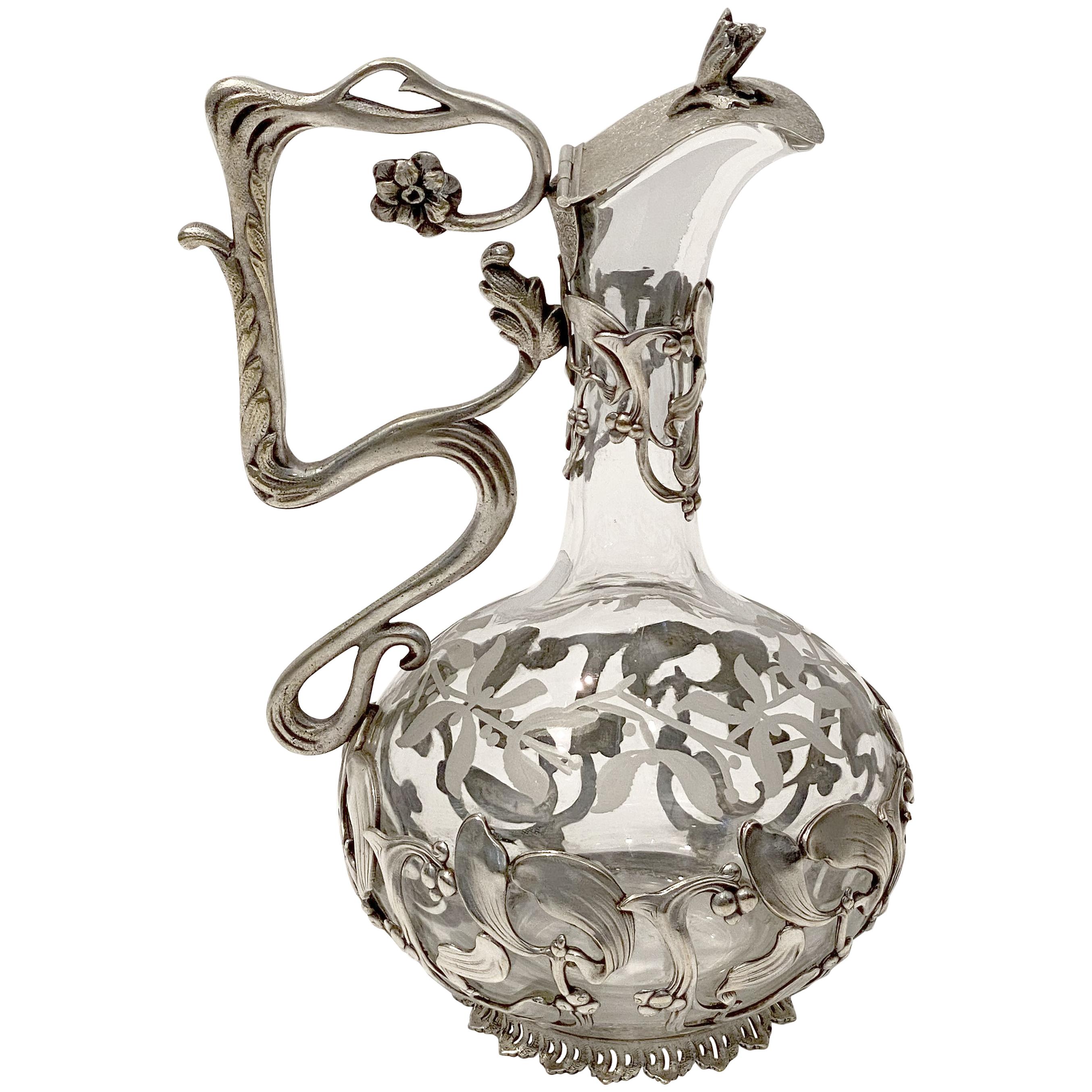 Art Nouveau Wine or Spirits Decanter of Etched Glass with Mistletoe