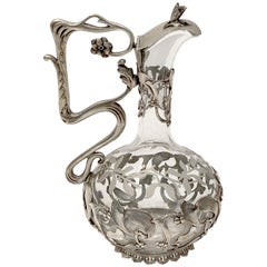 Antique Art Nouveau Wine or Spirits Decanter of Etched Glass with Mistletoe Design