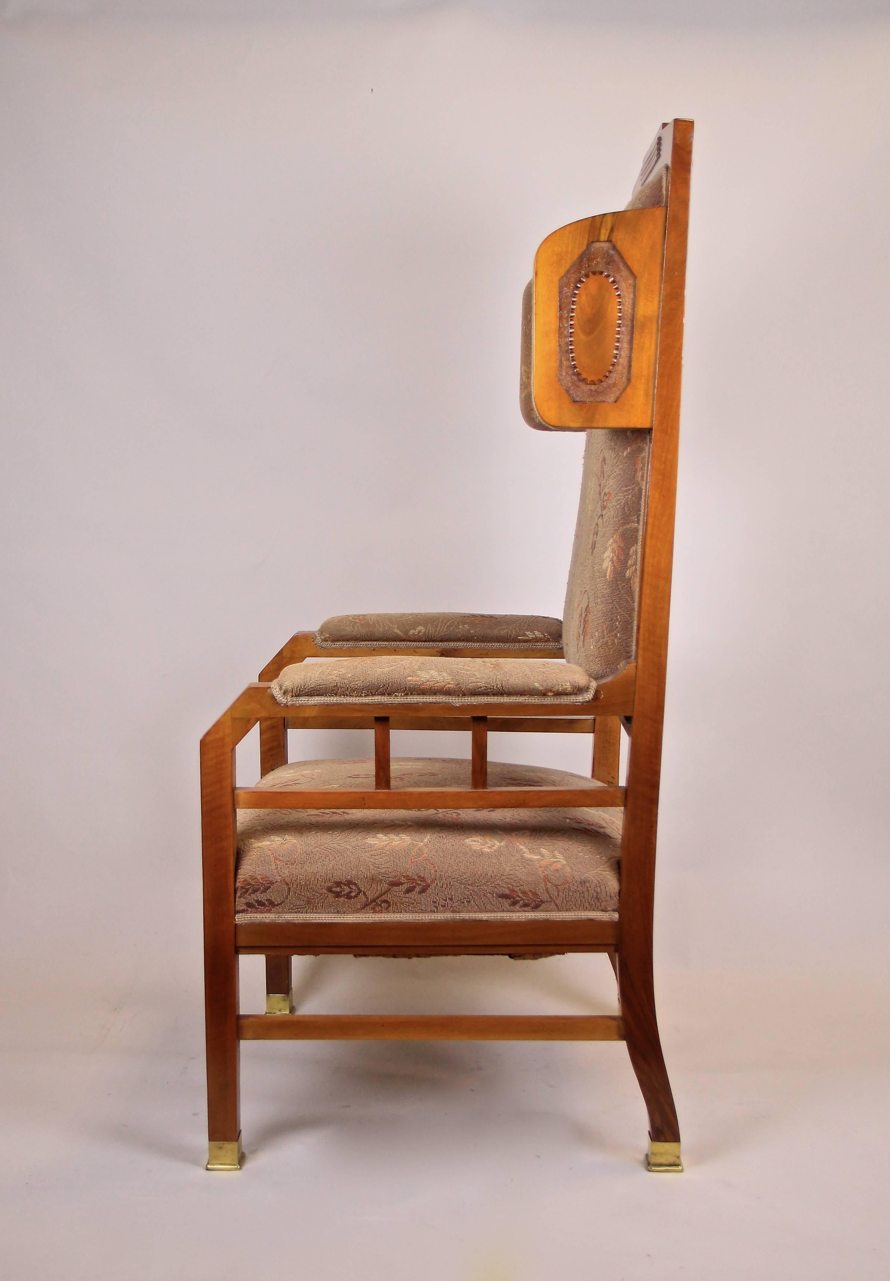 Brass Art Nouveau Wing Chair Nut Wood with Original Upholstery, Austria, circa 1905