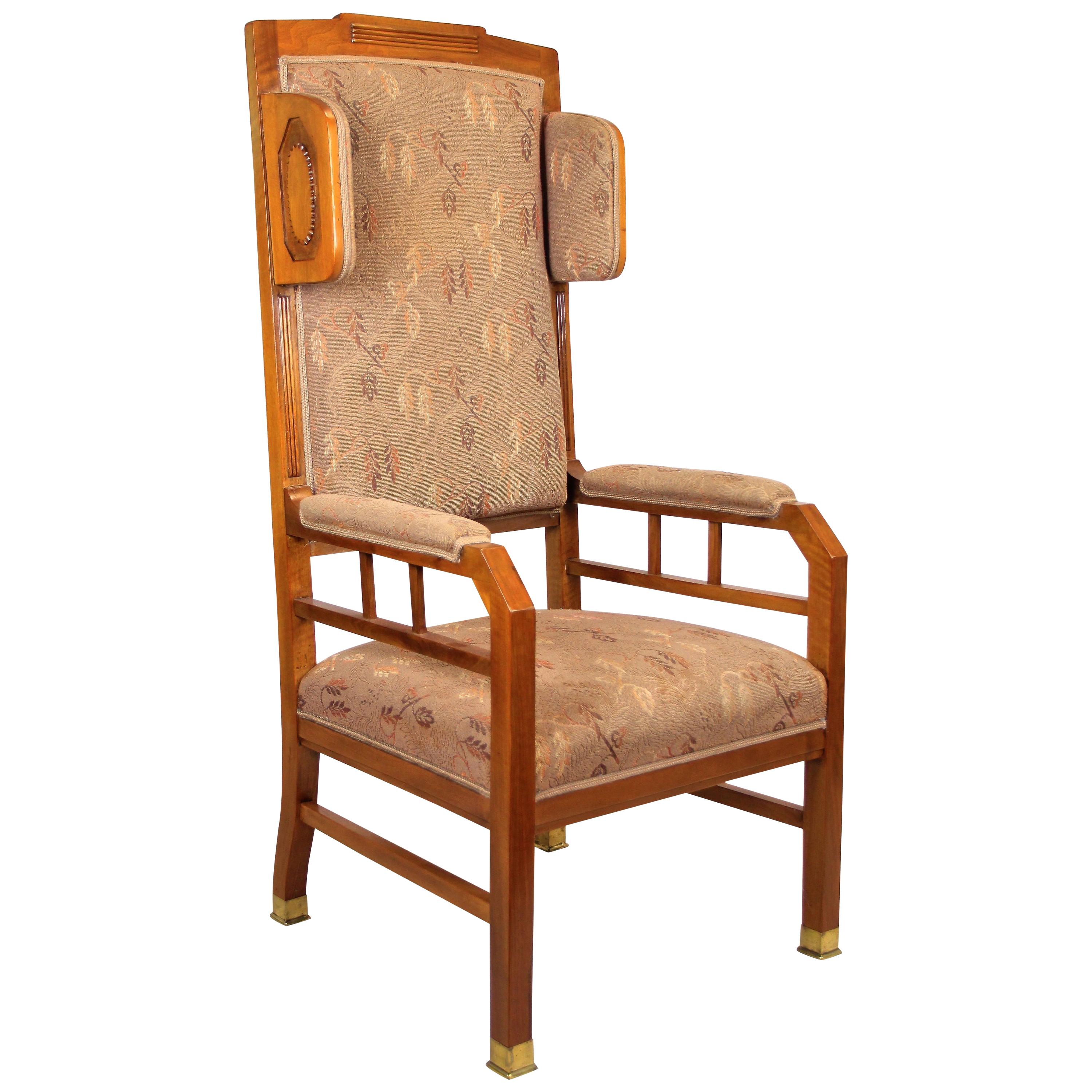 1920s Carved Wood Stuffed Wing Back Chair with Foral Cream Colored