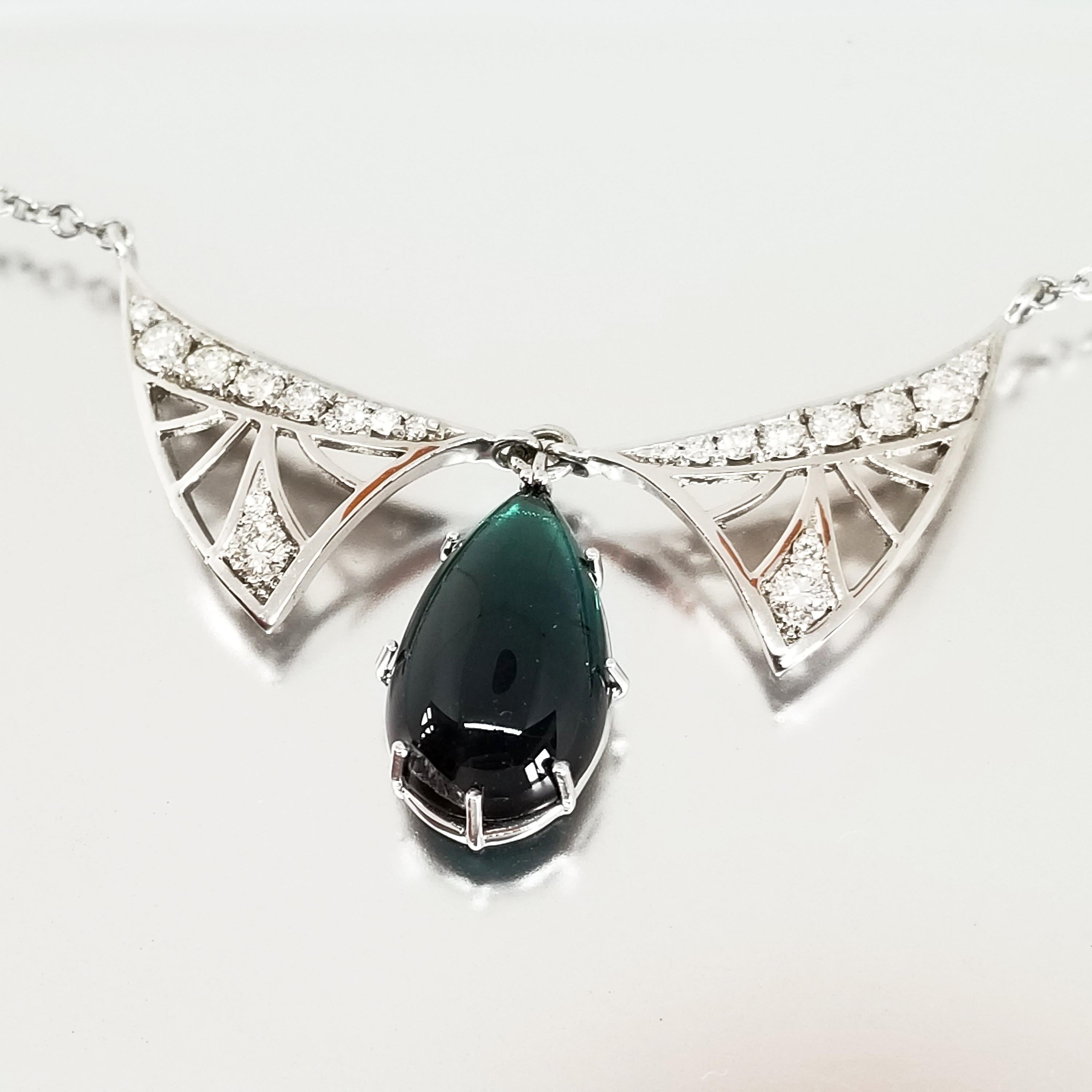 Art Nouveau Winged Blue Tear Drop Necklace 8.55 Carat Tourmaline Diamond 18Karat For Sale 2