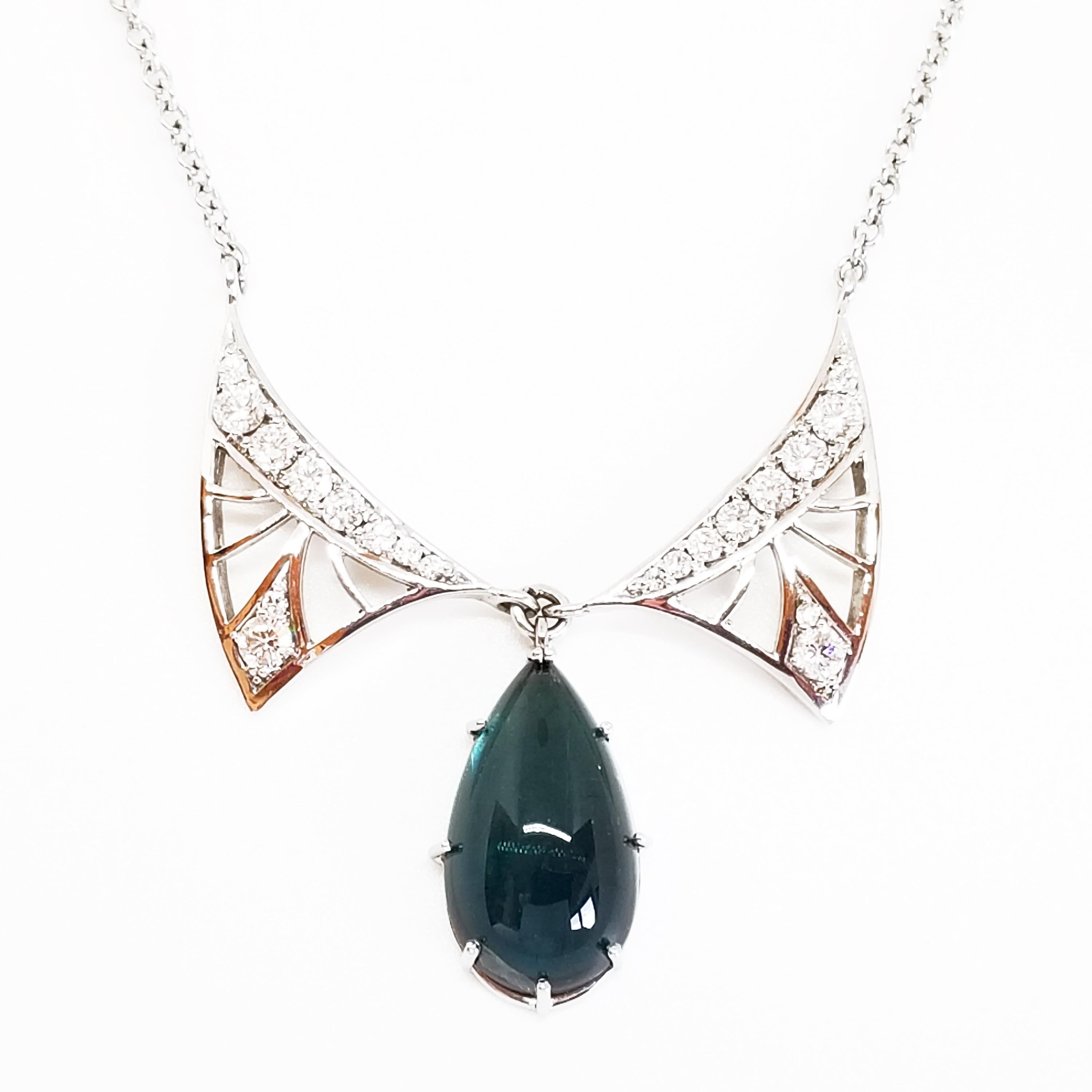 Art Nouveau Winged Blue Tear Drop Necklace 8.55 Carat Tourmaline Diamond 18Karat For Sale 3