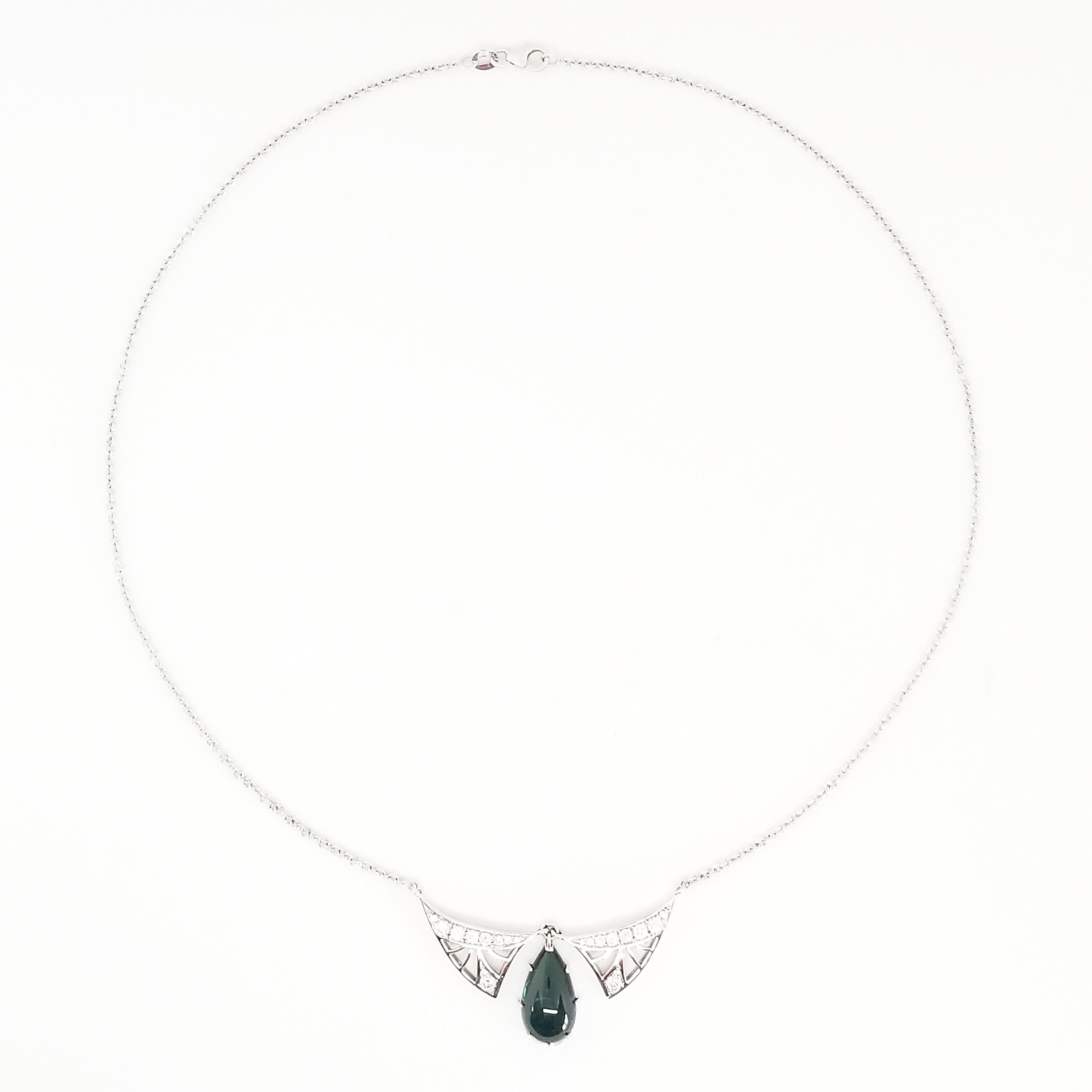 Artisan Art Nouveau Winged Blue Tear Drop Necklace 8.55 Carat Tourmaline Diamond 18Karat For Sale