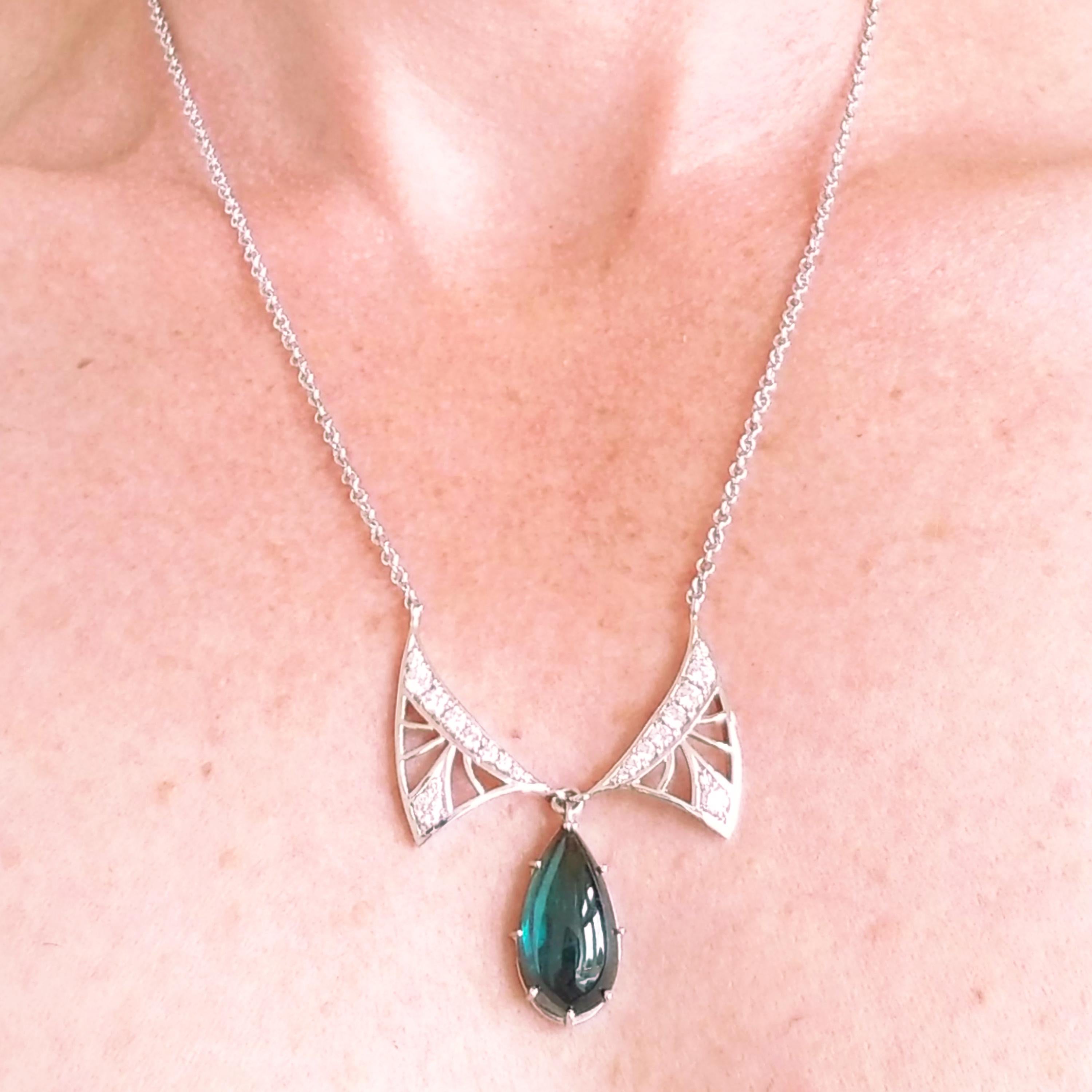 Pear Cut Art Nouveau Winged Blue Tear Drop Necklace 8.55 Carat Tourmaline Diamond 18Karat For Sale