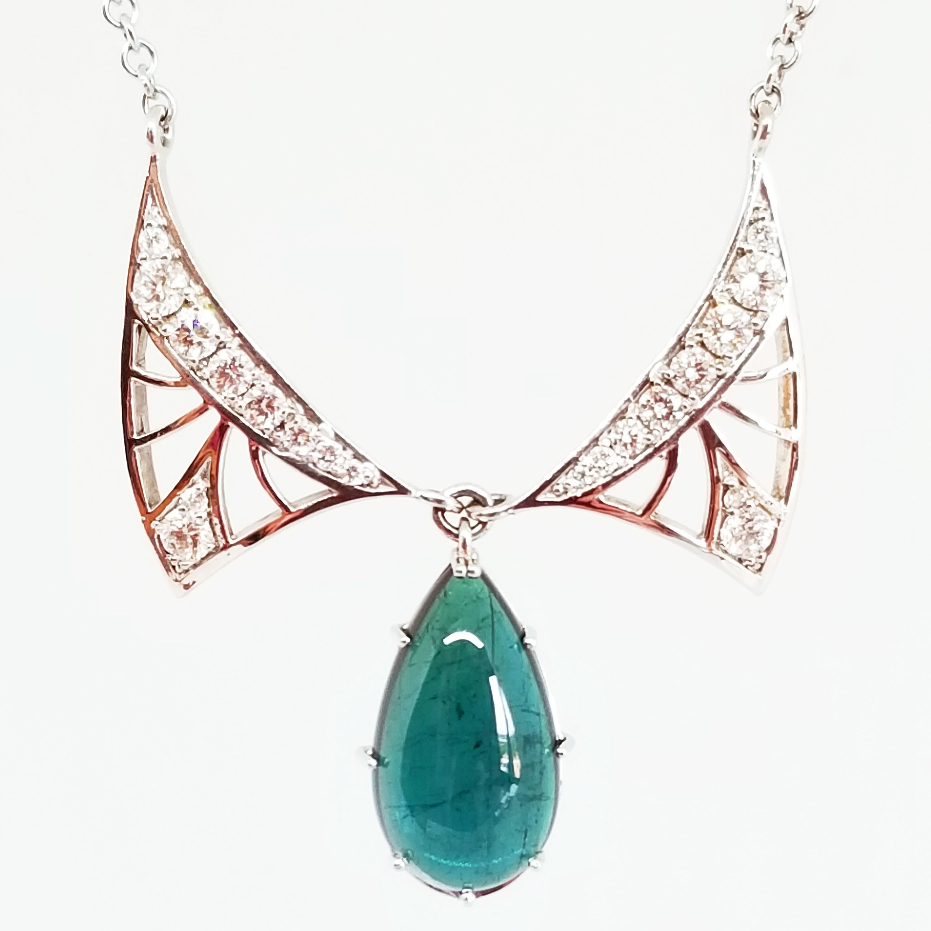 Jugendstil geflügelte blaue Tropfen-Halskette 8,55 Karat Turmalin Diamant 18 Karat im Angebot 1