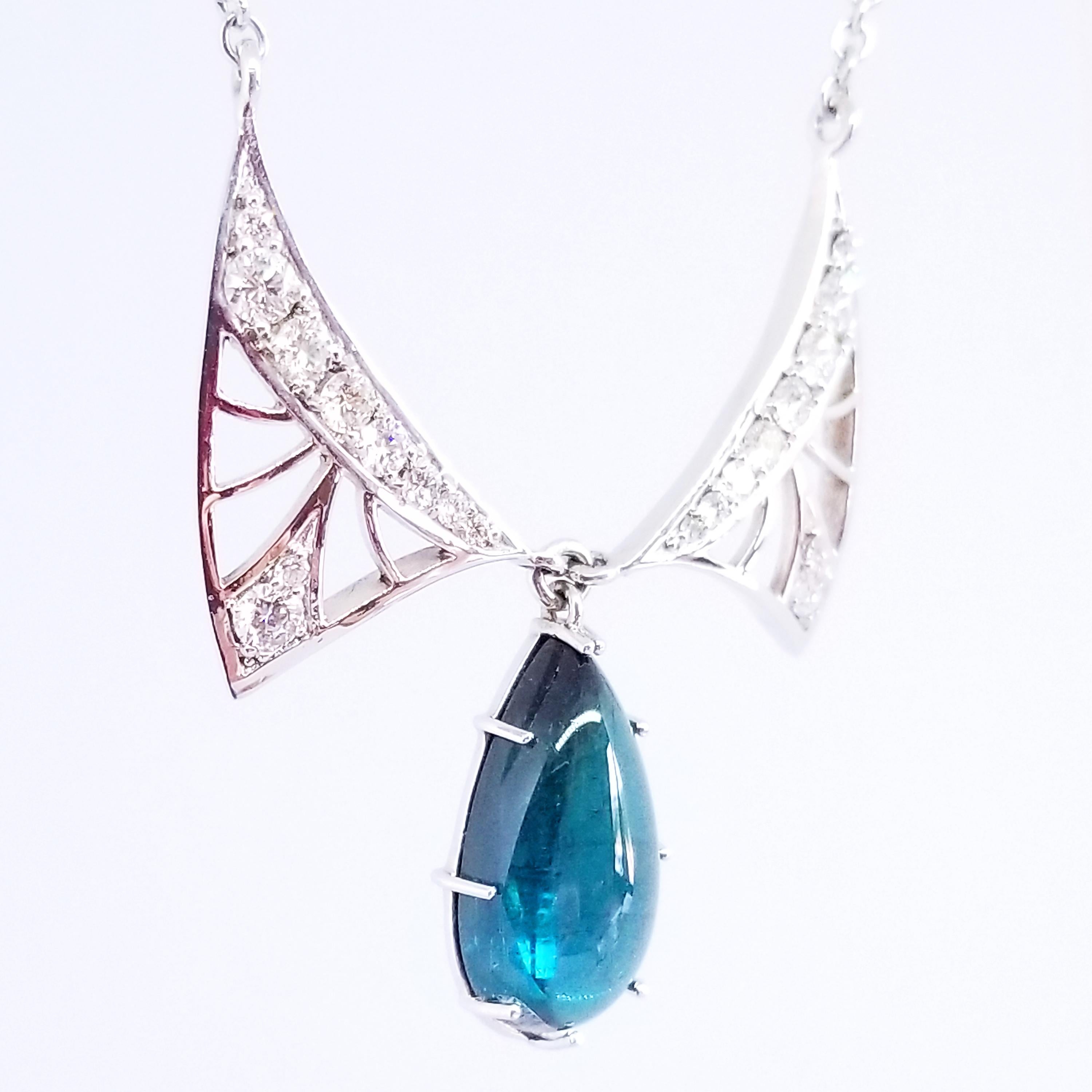 Women's Art Nouveau Winged Blue Tear Drop Necklace 8.55 Carat Tourmaline Diamond 18Karat For Sale