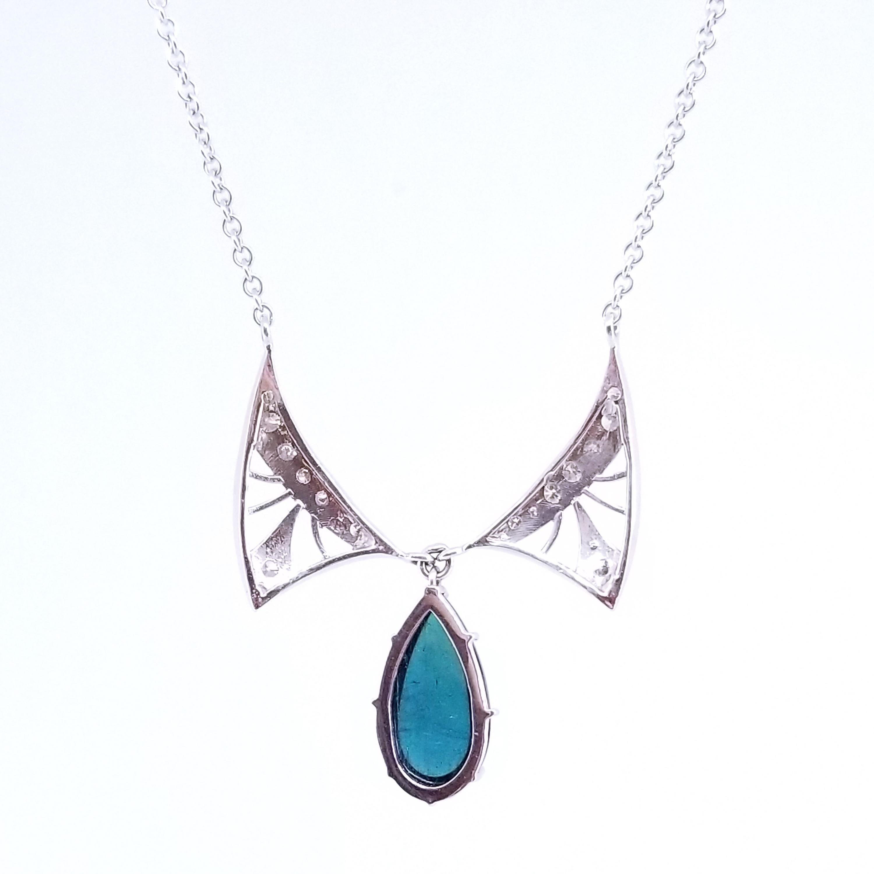 Art Nouveau Winged Blue Tear Drop Necklace 8.55 Carat Tourmaline Diamond 18Karat For Sale 1
