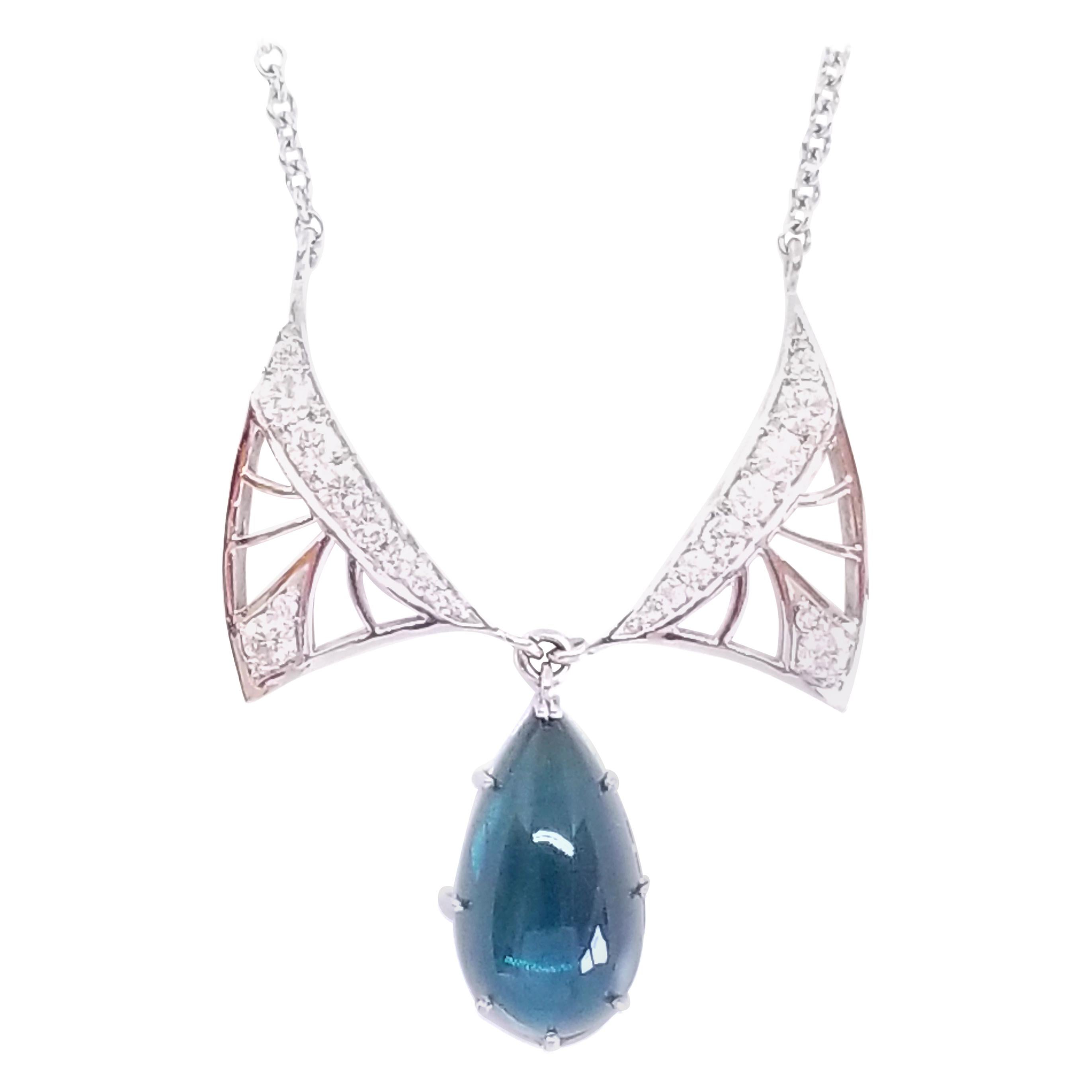 Art Nouveau Winged Blue Tear Drop Necklace 8.55 Carat Tourmaline Diamond 18Karat For Sale