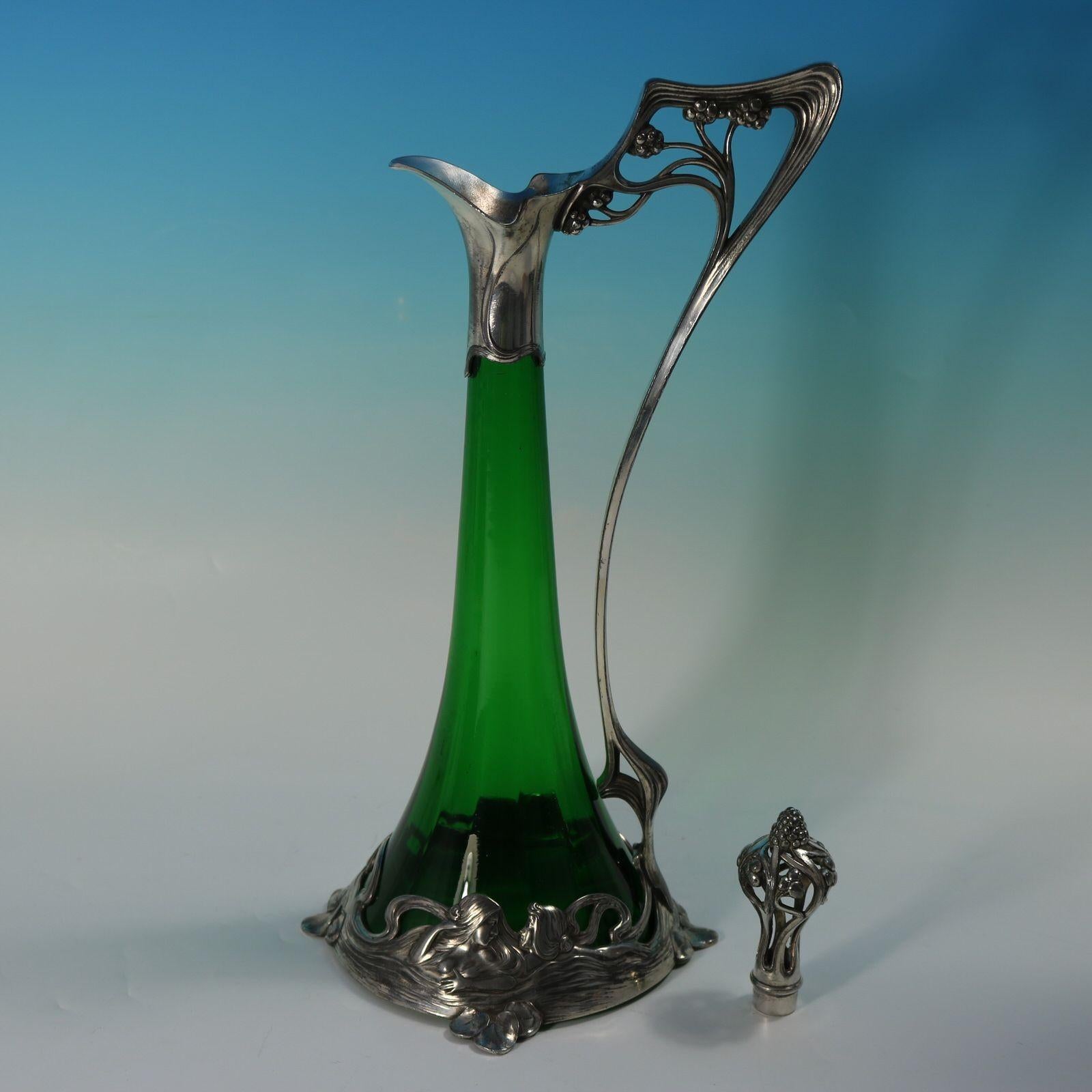 Jugendstil WMF Claret Krug und Stopper mit grünem Glaseinsatz im Angebot 8