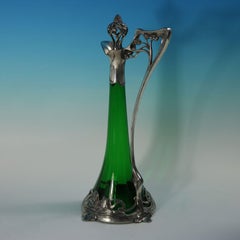 Art Nouveau WMF Claret Jug and Stopper with Green Glass Liner