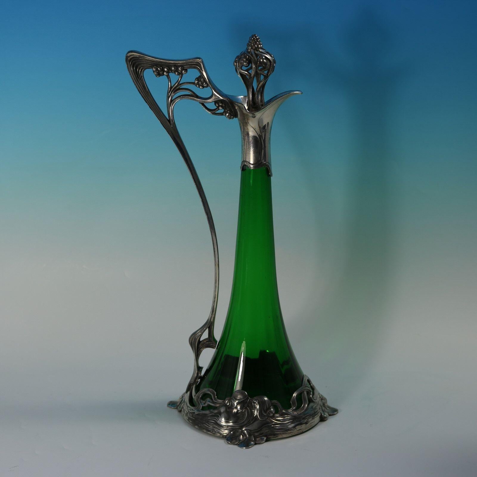 Jugendstil WMF Claret Krug und Stopper mit grünem Glaseinsatz im Angebot 1