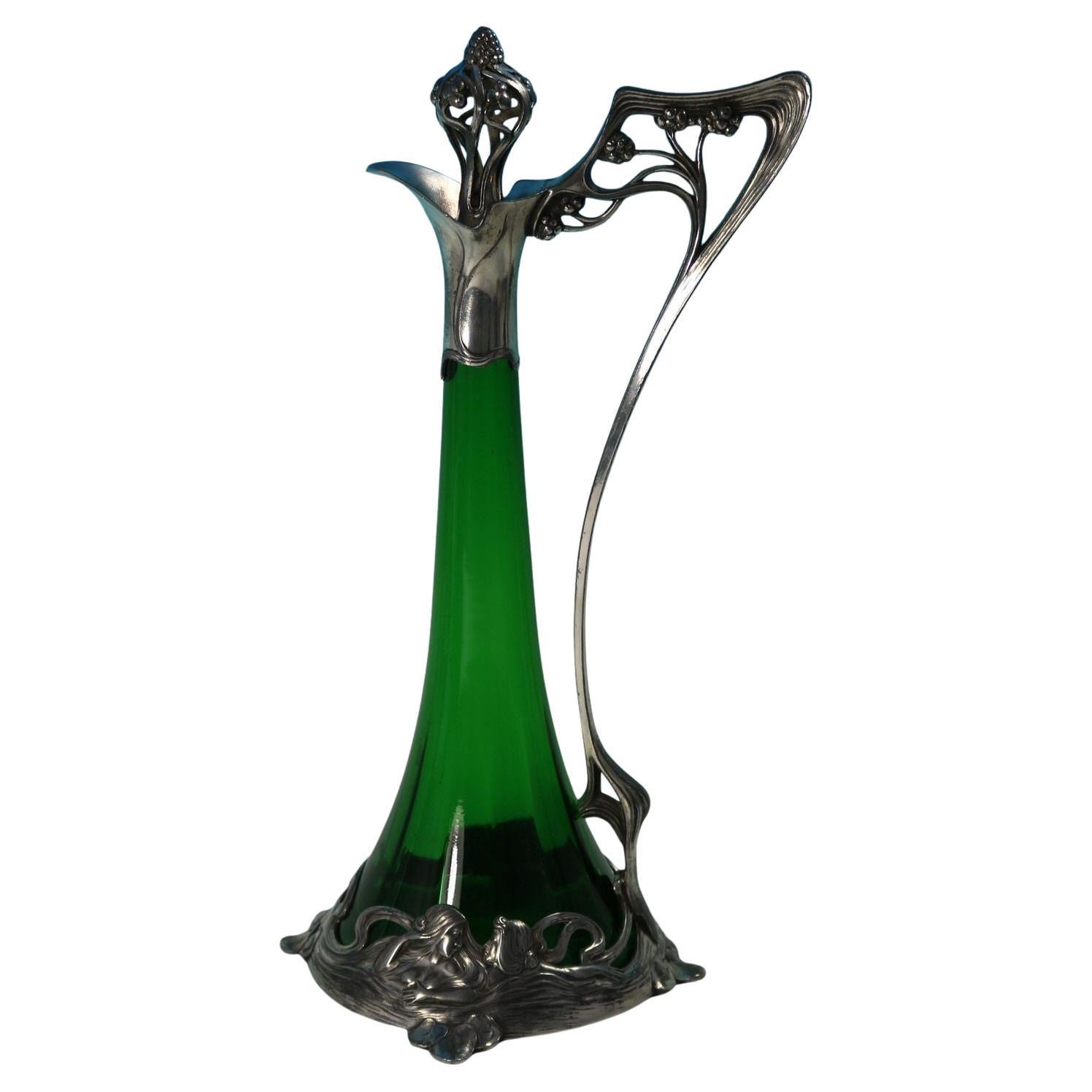 Art Nouveau WMF Claret Jug and Stopper with Green Glass Liner