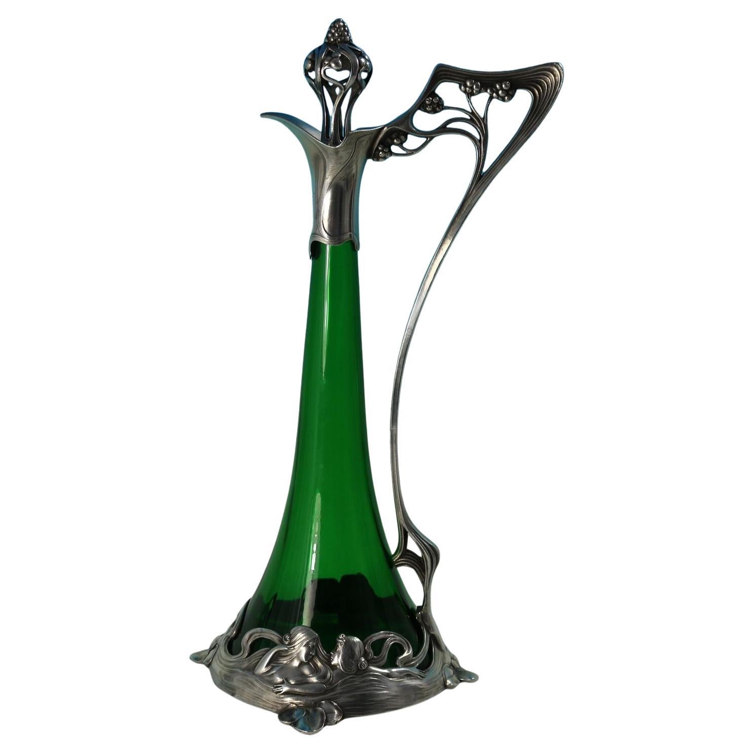 Art Nouveau WMF Claret Jug and Stopper with Green Glass Liner