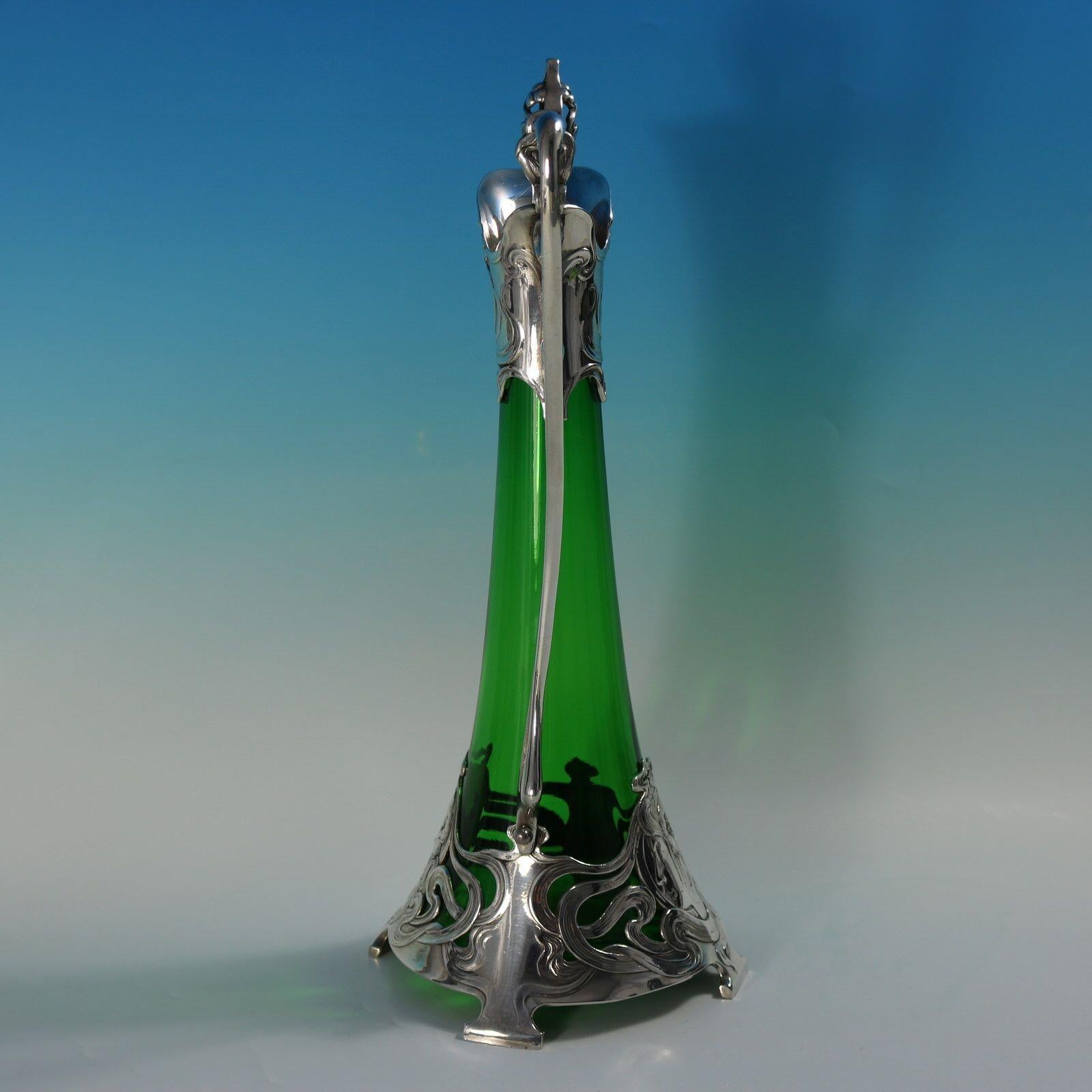 Art Nouveau WMF Claret Jug with Green Glass Liner In Good Condition For Sale In Chelmsford, Essex