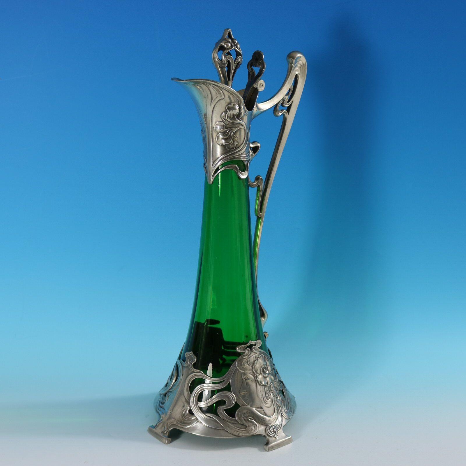 Art Nouveau WMF Claret Jug with Green Glass Liner In Good Condition In Chelmsford, Essex