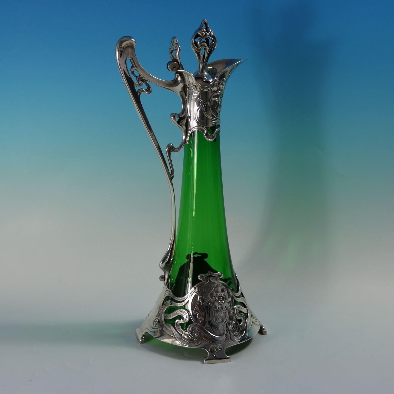 20th Century Art Nouveau WMF Claret Jug with Green Glass Liner For Sale