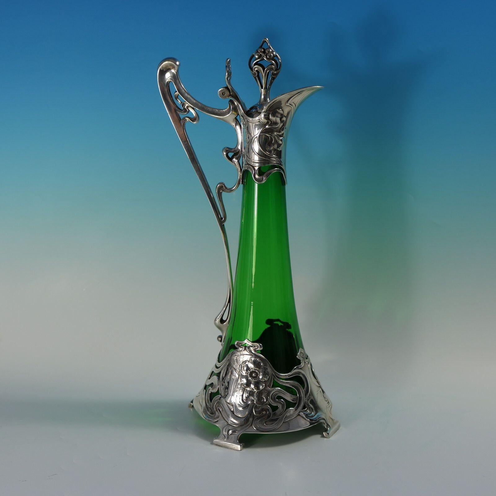 Metal Art Nouveau WMF Claret Jug with Green Glass Liner For Sale