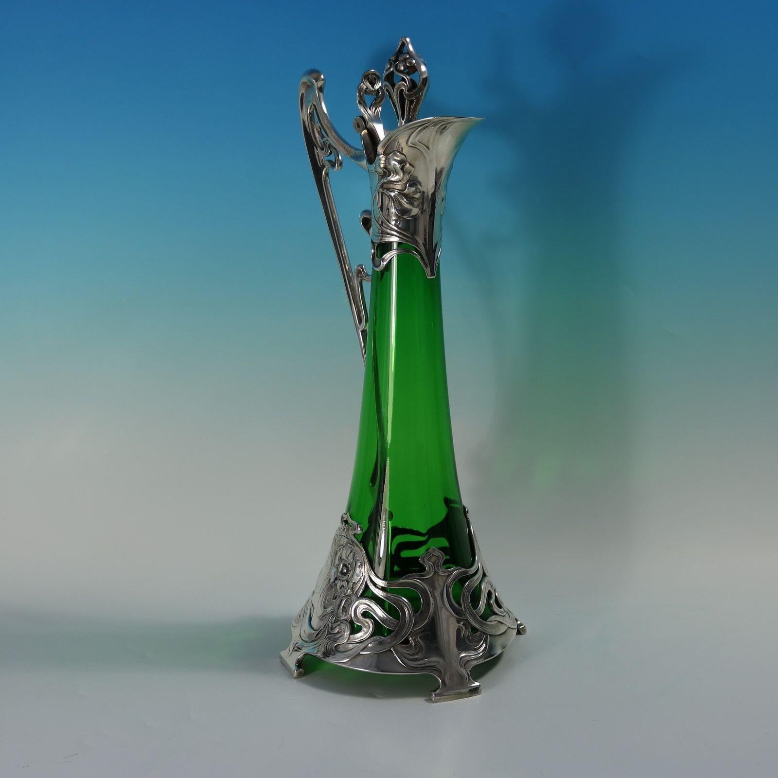 Art Nouveau WMF Claret Jug with Green Glass Liner For Sale 1