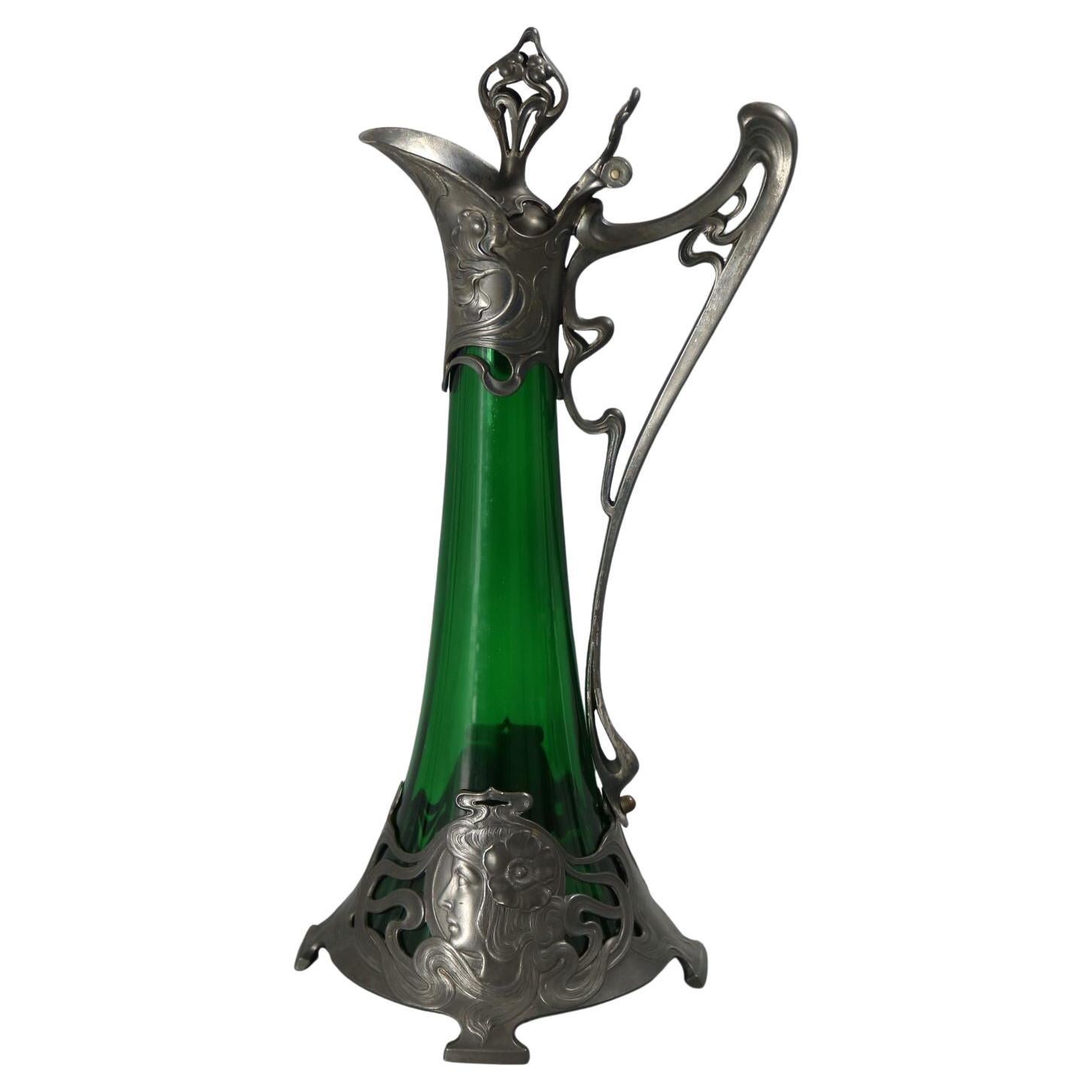 Pichet à vin Art Nouveau WMF avec revêtement en verre vert