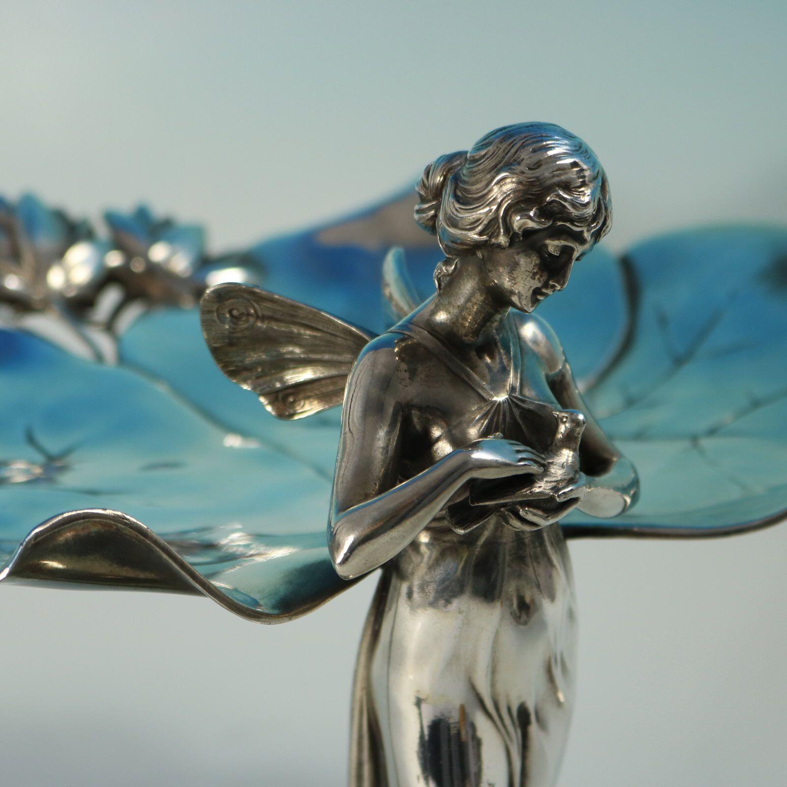 Placcato argento Art Nouveau WMF Fairy With Dove, Lily Visiting Card Tray in vendita