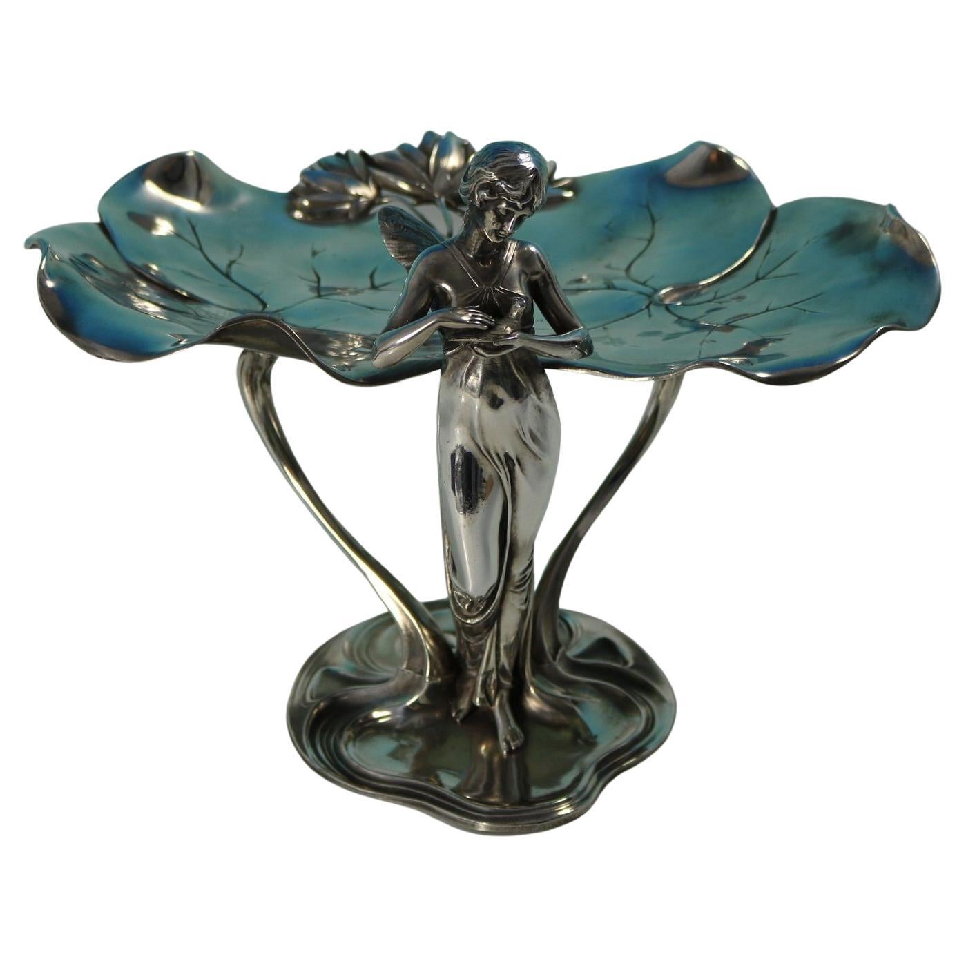 Art Nouveau WMF Fairy With Dove, Lily Visiting Card Tray in vendita