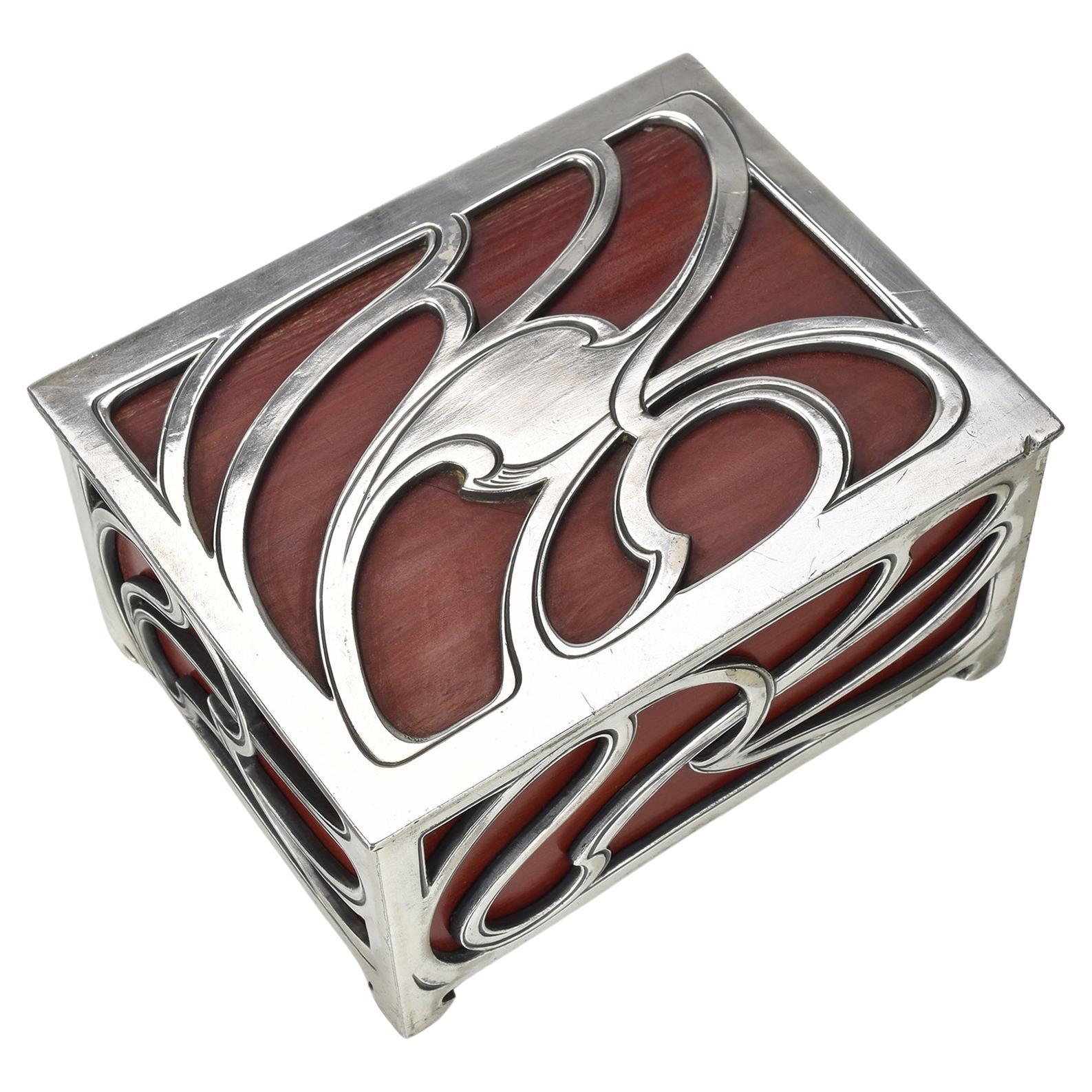 Art Nouveau WMF Jewelry Box, Silverplated Pewter & Wood Veneered Panels
