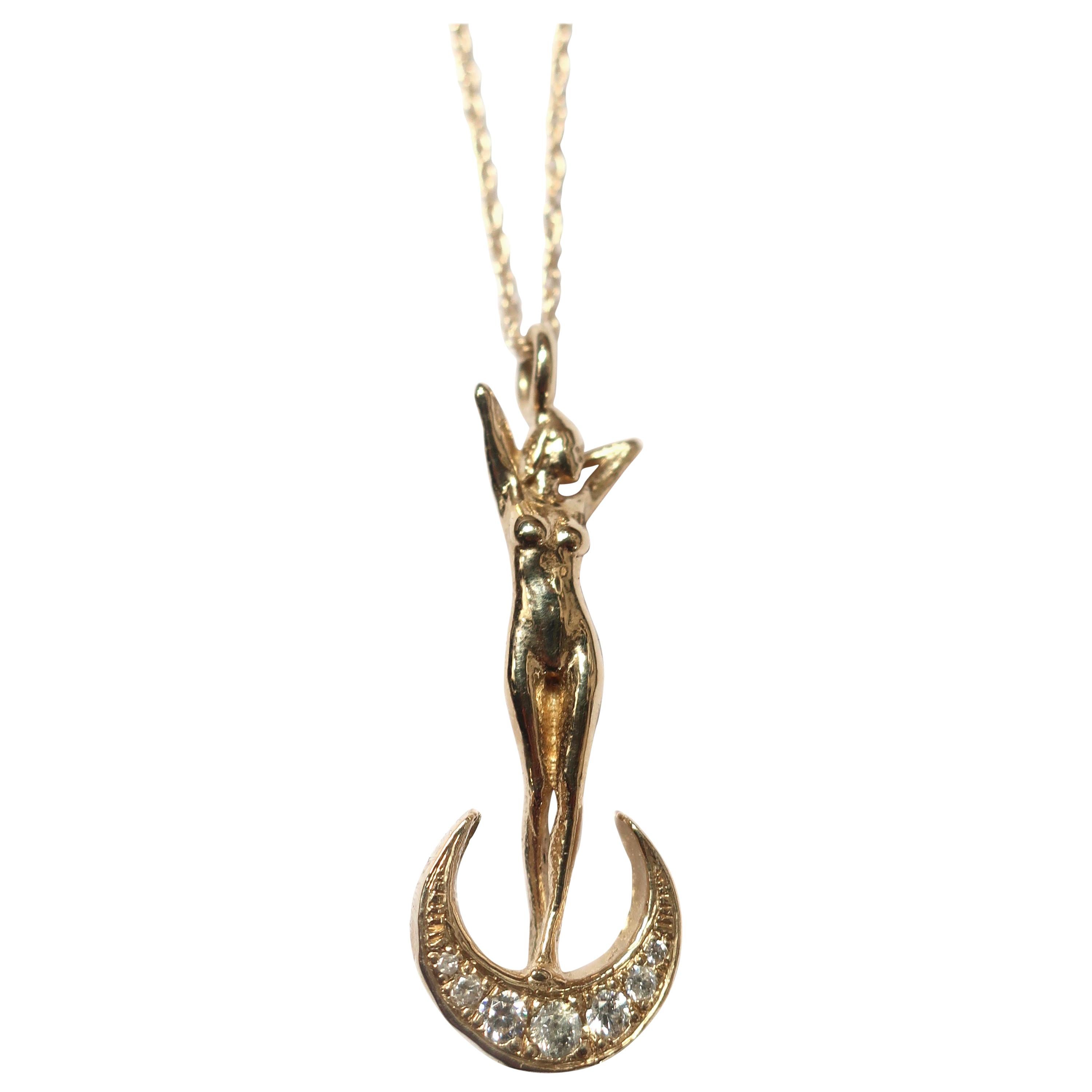 Art Nouveau Woman and Crescent Moon Diamond Necklace