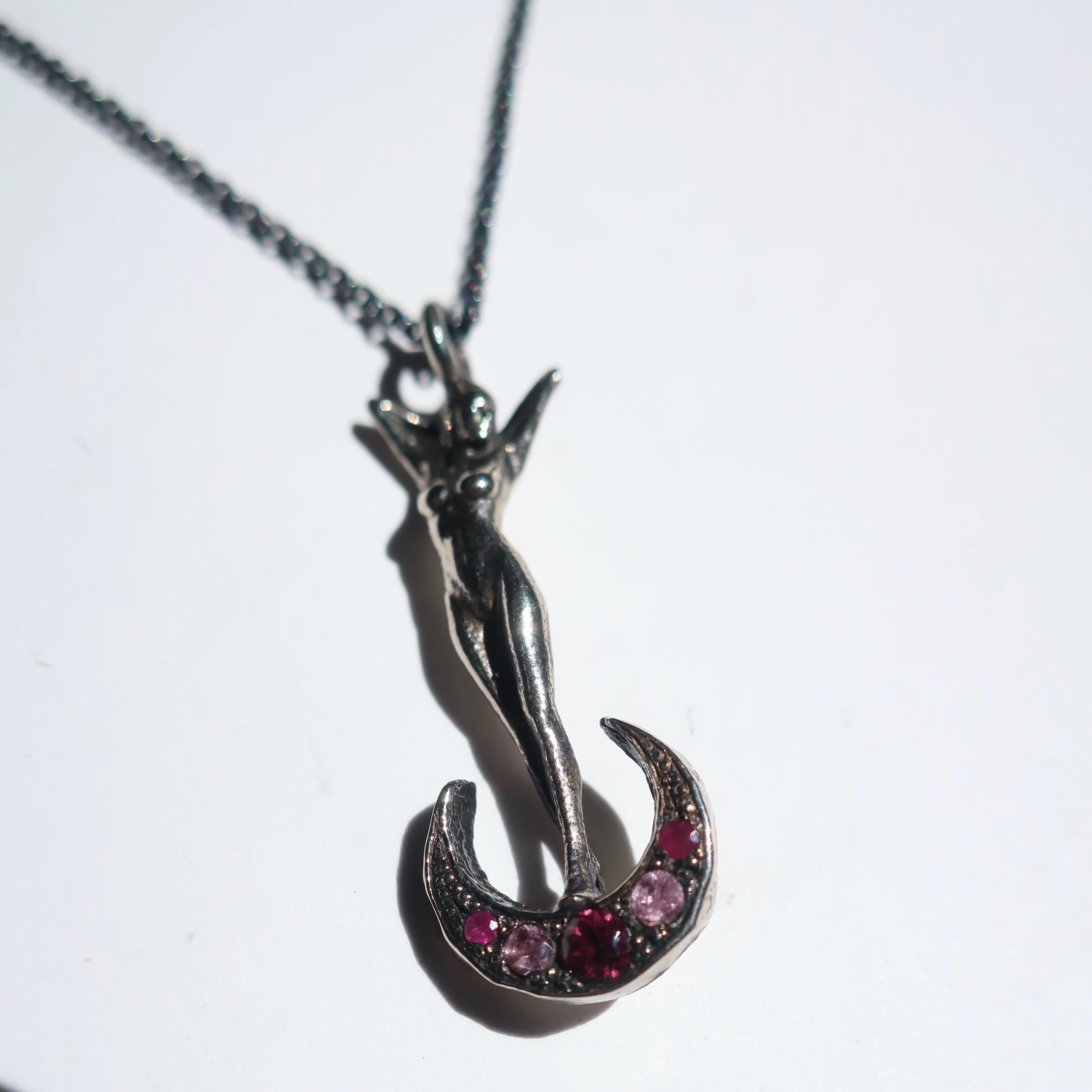 Round Cut Art Nouveau Woman and Crescent Moon Necklace