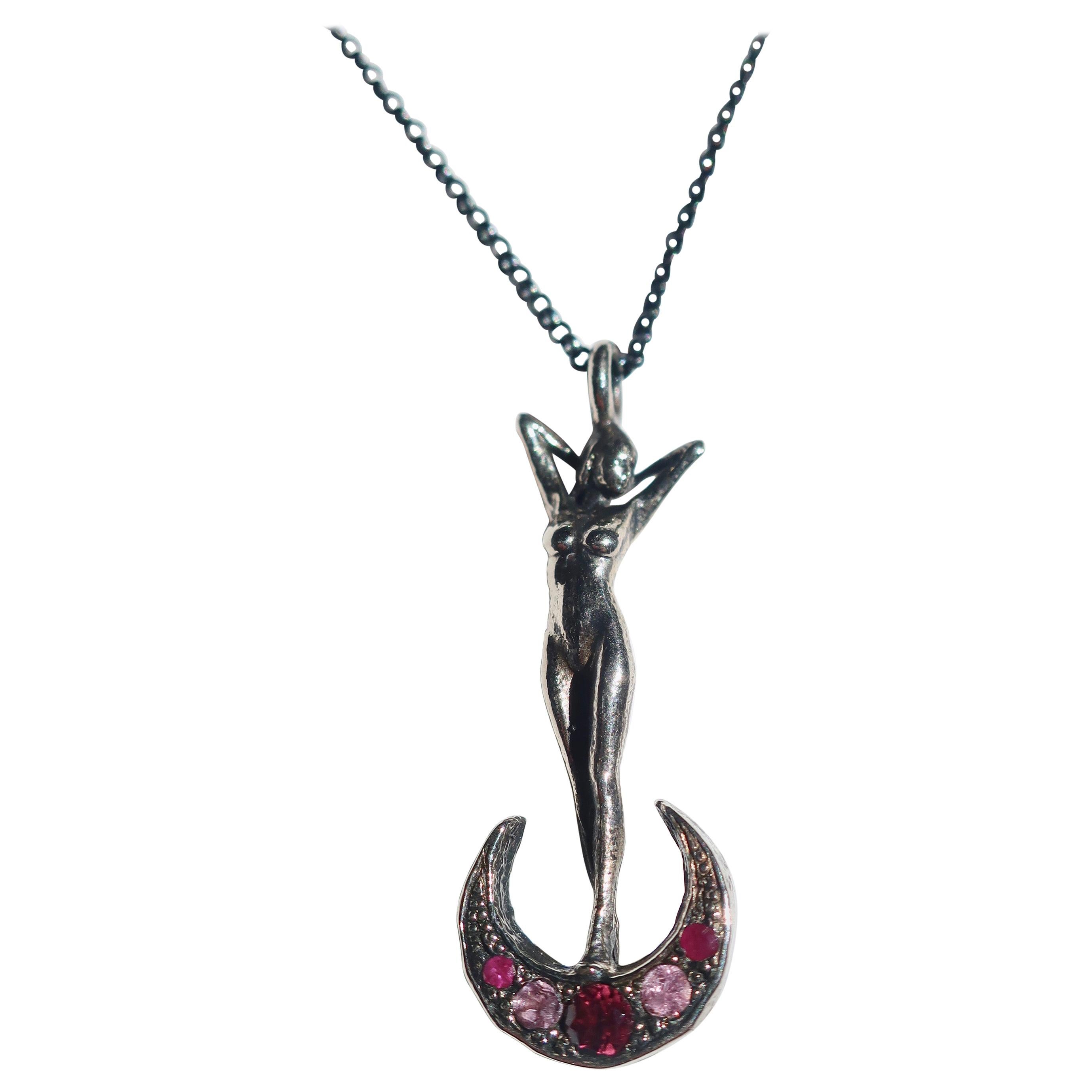 Art Nouveau Woman and Crescent Moon Necklace