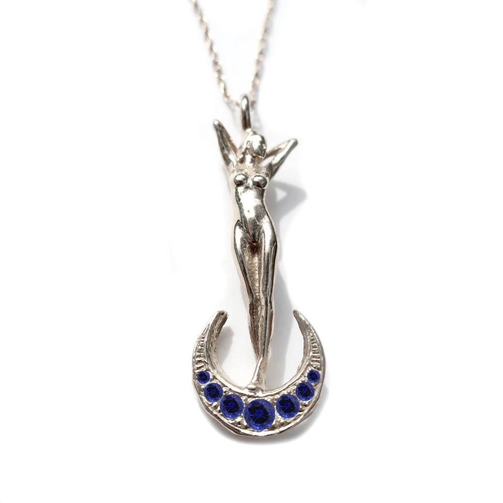 Artisan Art Nouveau Woman and Crescent Moon White Gold and Blue Sapphire Necklace For Sale