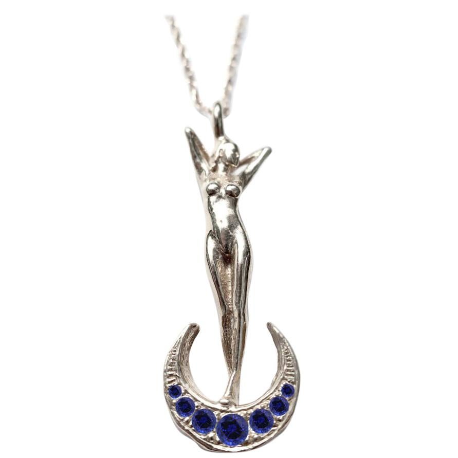 Art Nouveau Woman and Crescent Moon White Gold and Blue Sapphire Necklace
