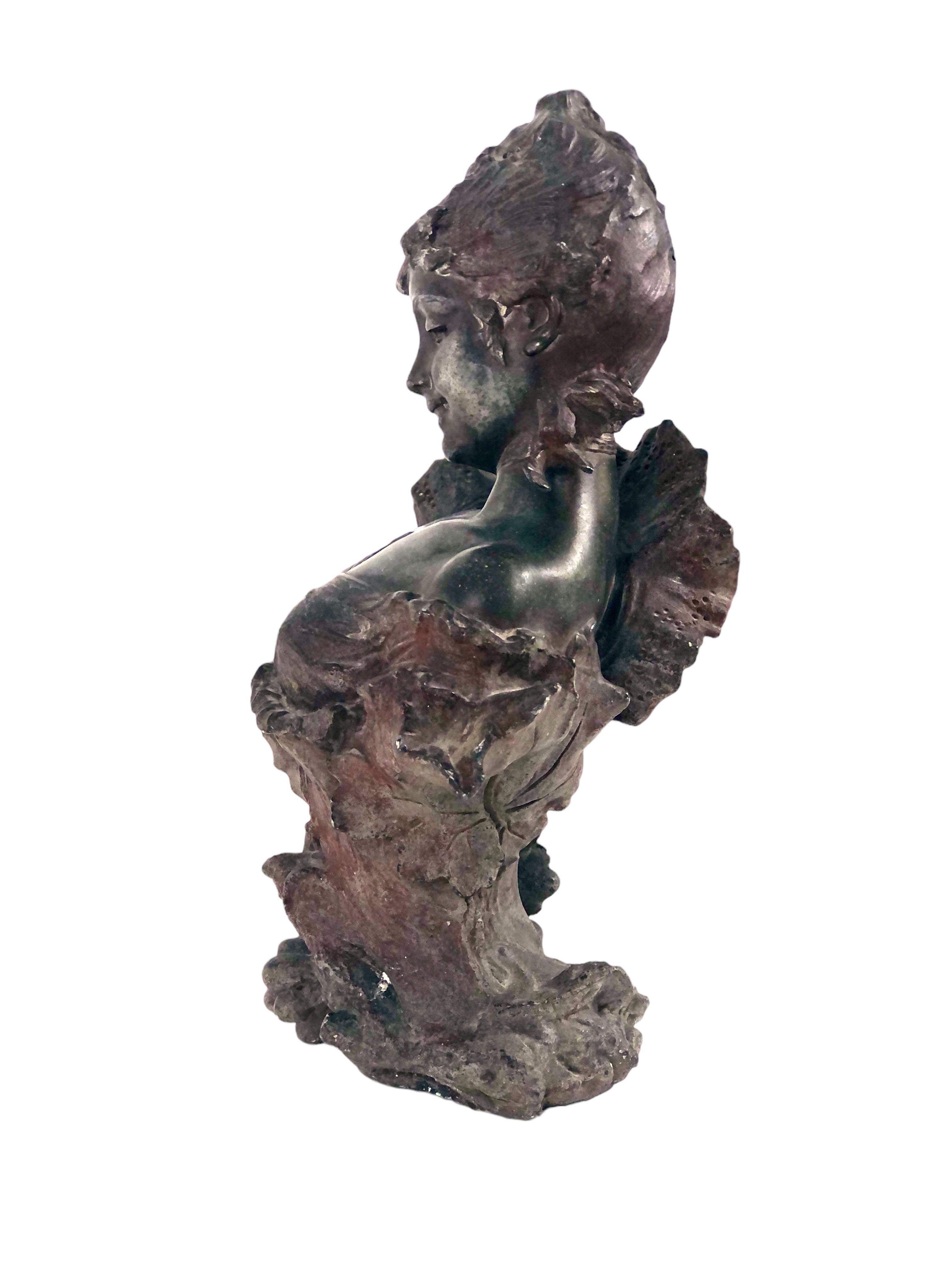 Aluminum French Art Nouveau Woman Bust “Fraises au Champagne” by Alfred Jean Foretay For Sale