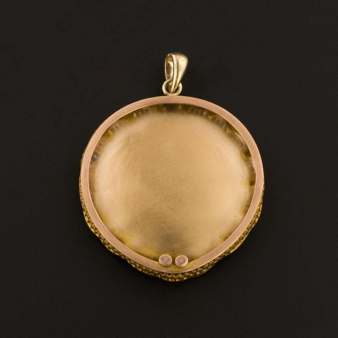 Préparez-vous à tomber amoureux de ce pendentif Art nouveau peint à la main, qui est d'une facture exquise et en très bon état.

Ce pendentif en émail chatoyant représente une ravissante jeune femme aux cheveux flottants, dont la robe est ornée de