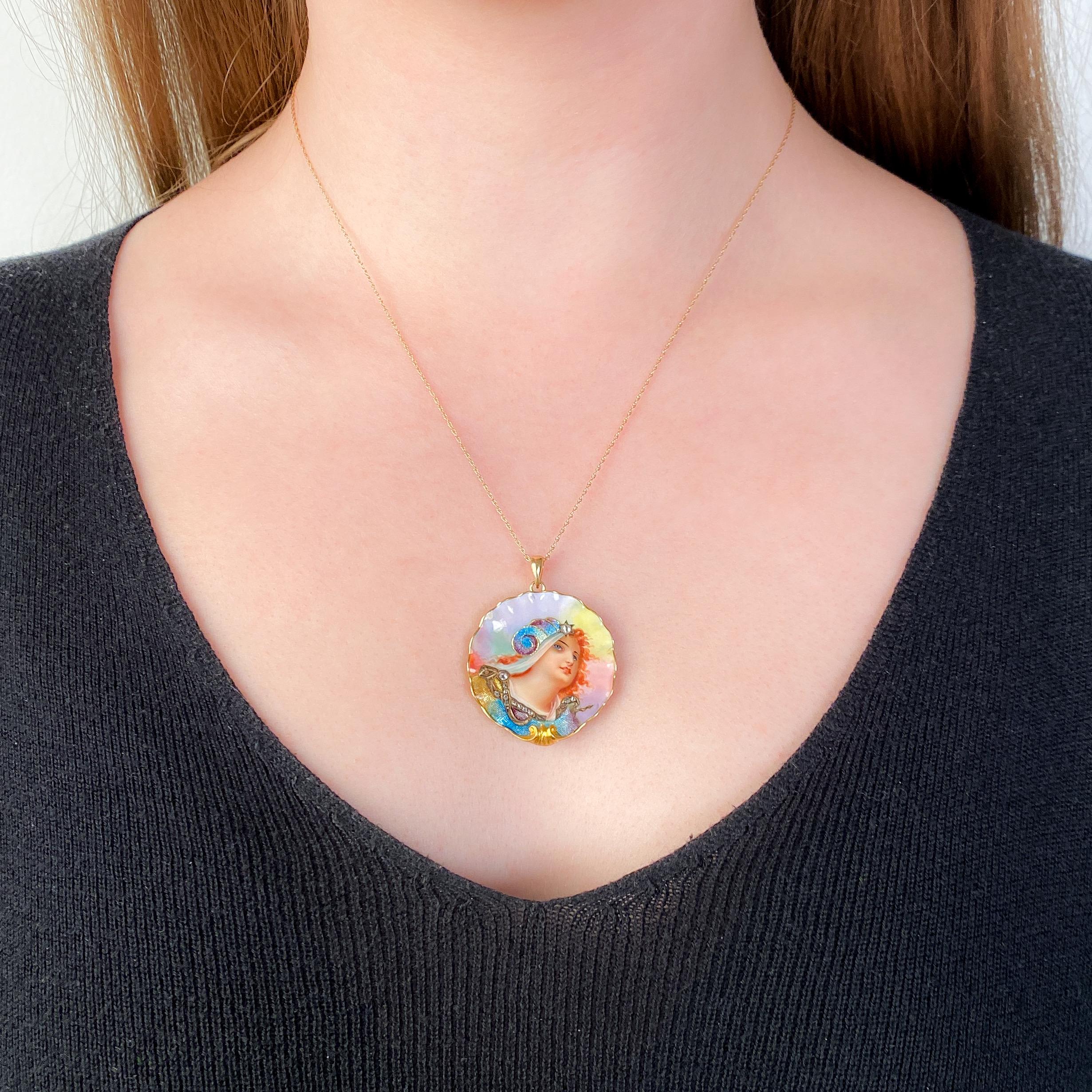 Art nouveau Pendentif Art Nouveau en or 14k pour femme en émail en vente
