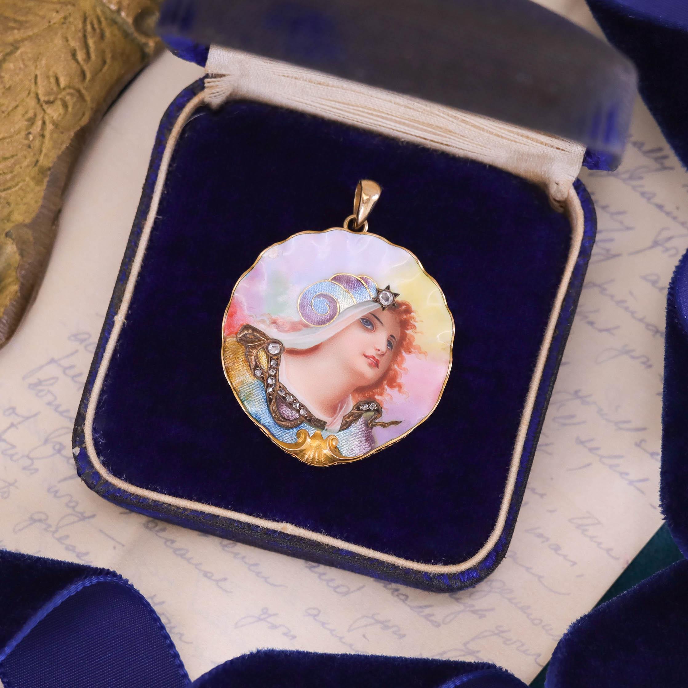 Taille rose Pendentif Art Nouveau en or 14k pour femme en émail en vente