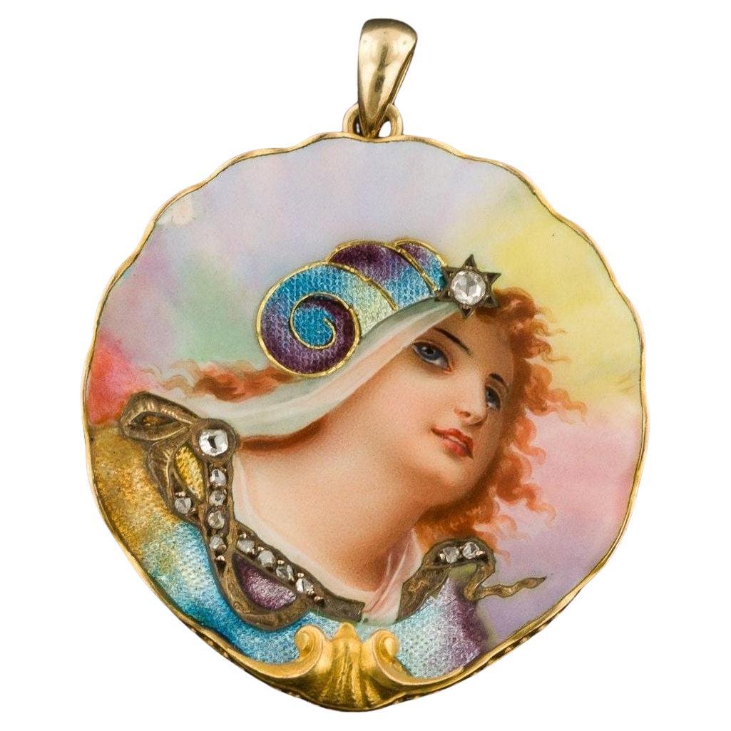 Art Nouveau Woman Enamel Pendant of 14k Gold