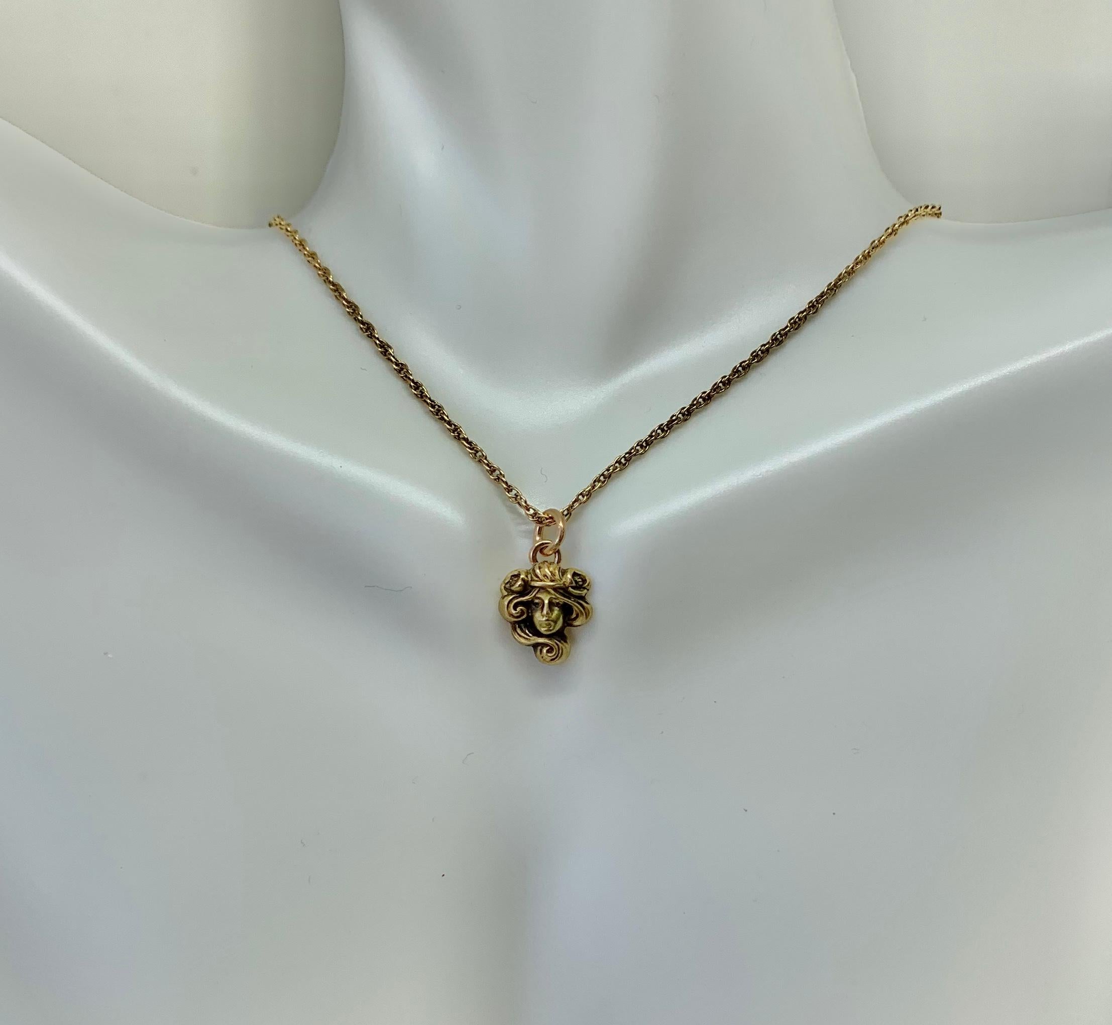 Women's Art Nouveau Woman Goddess Flower Pendant Necklace by Link & Angell 14 Karat Gold For Sale