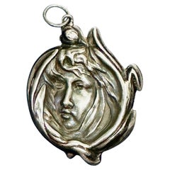 Art Nouveau Woman Goddess in Tulip Flower Pendant Sterling Silver Belle Époque