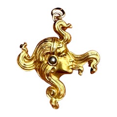 Art Nouveau Woman Goddess Maiden Pendant Necklace Gold Pearl Circa 1920