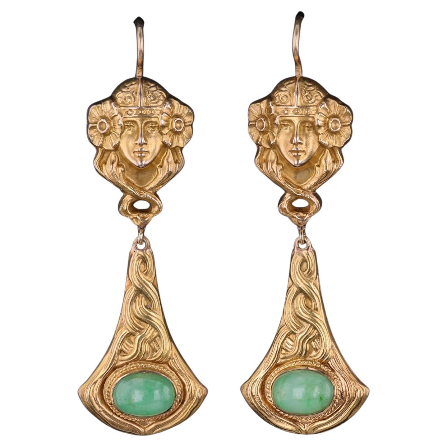 Art Nouveau Women Earrings of 14k Gold For Sale