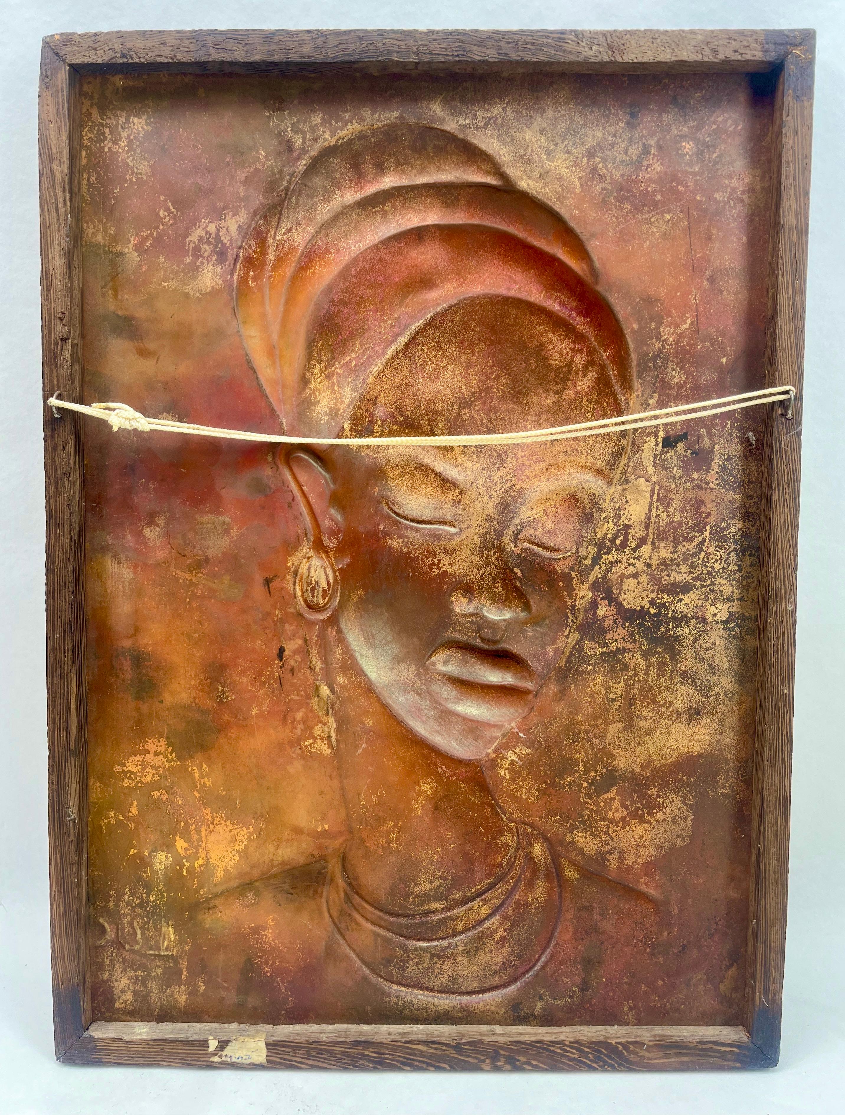 Art Nouveau Women's bust Copper Wall Plaque Wood  Framed Signed Luc For Sale 3